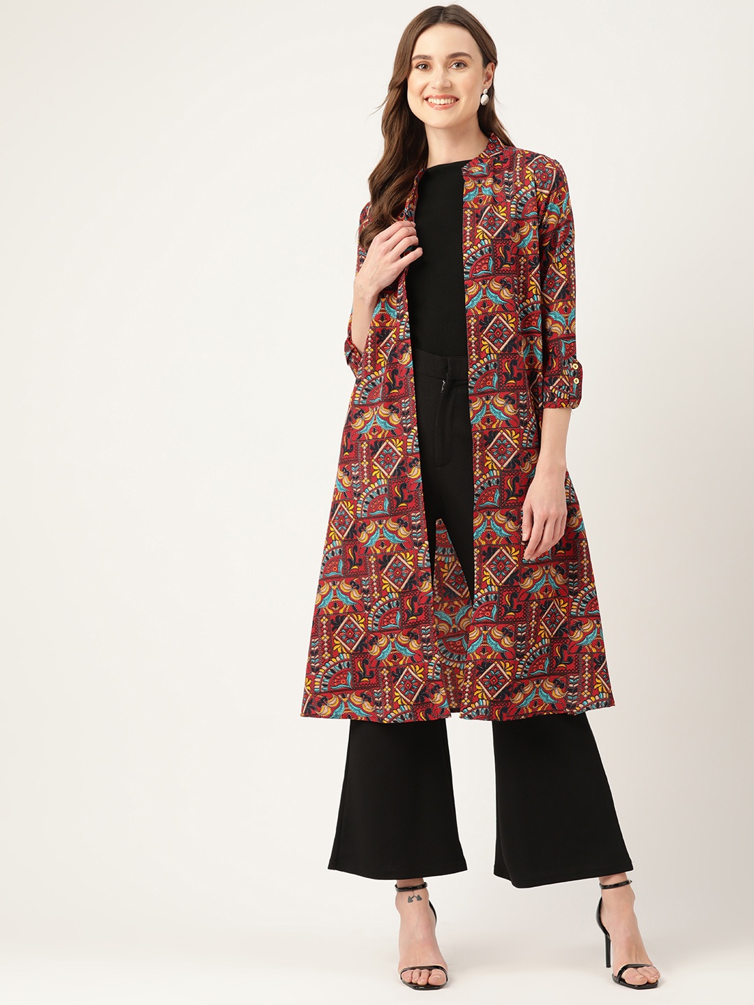 

WISSTLER Printed Open Front Longline Shrug, Red