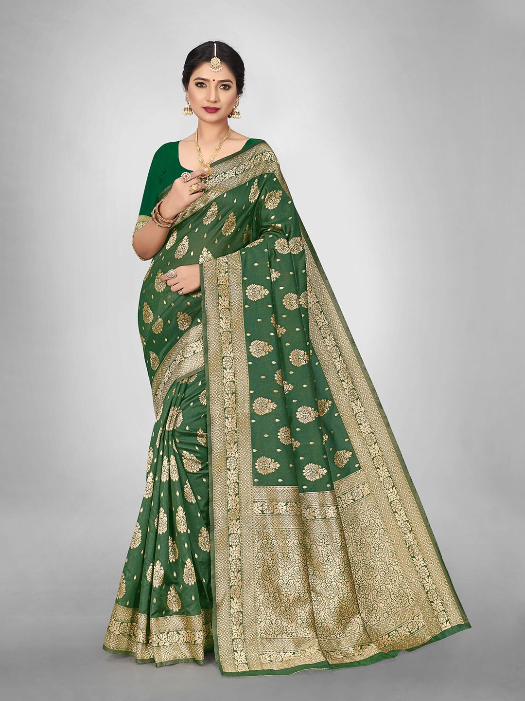 

Glorisa Ethnic Motif Woven Design Zari Silk Banarasi Saree, Green