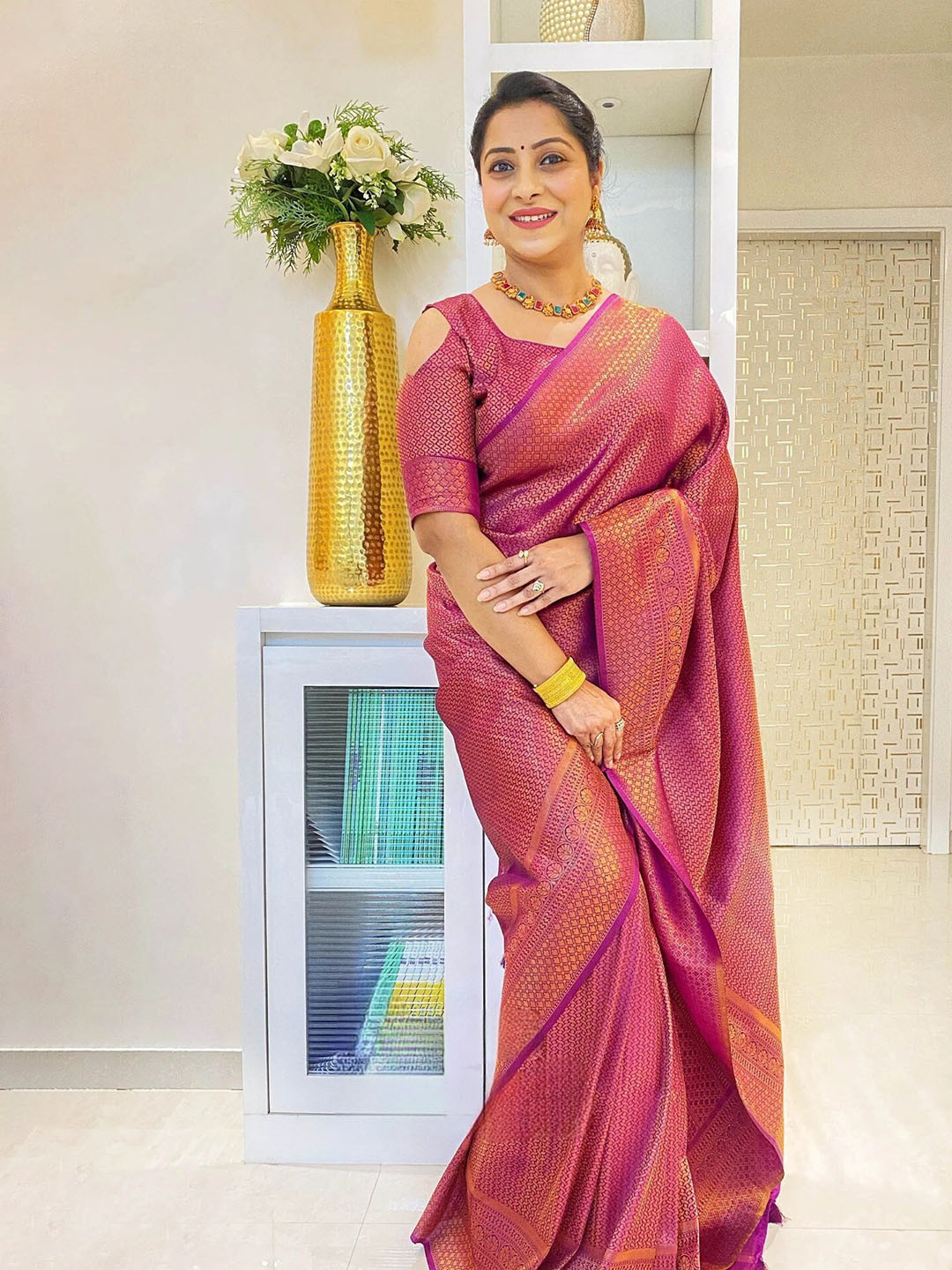 

Glorisa Floral Woven Design Zari Silk Banarasi Saree, Purple