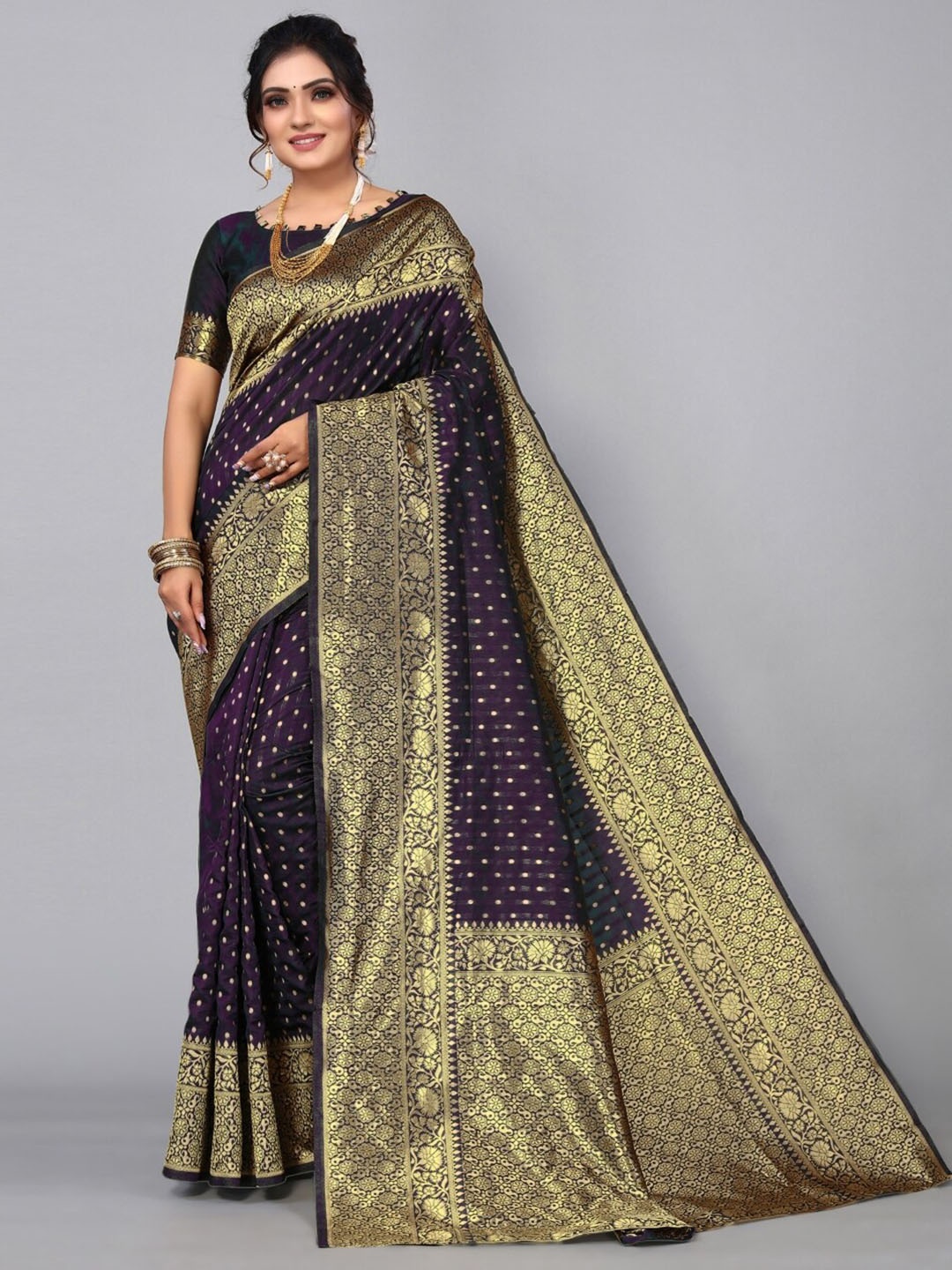 

Glorisa Polka Dots Woven Design Zari Silk Banarasi Saree, Purple