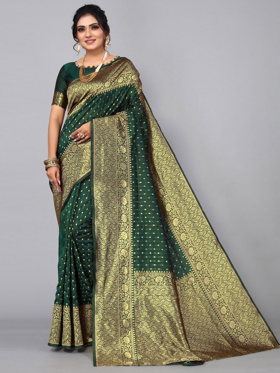 

Glorisa Polka Dots Woven Design Zari Silk Banarasi Saree, Green