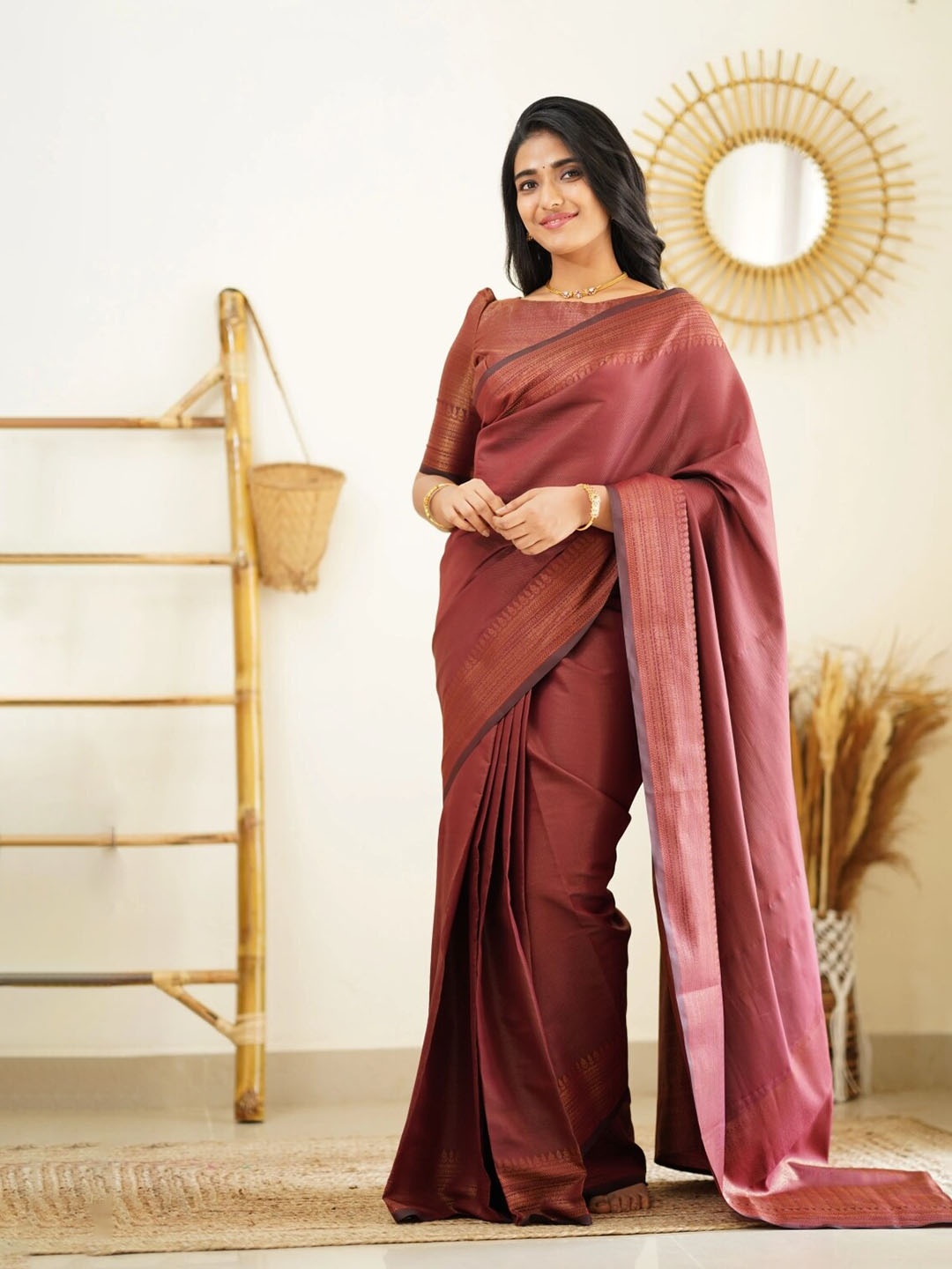 

Glorisa Striped Woven Design Zari Silk Banarasi Saree, Maroon