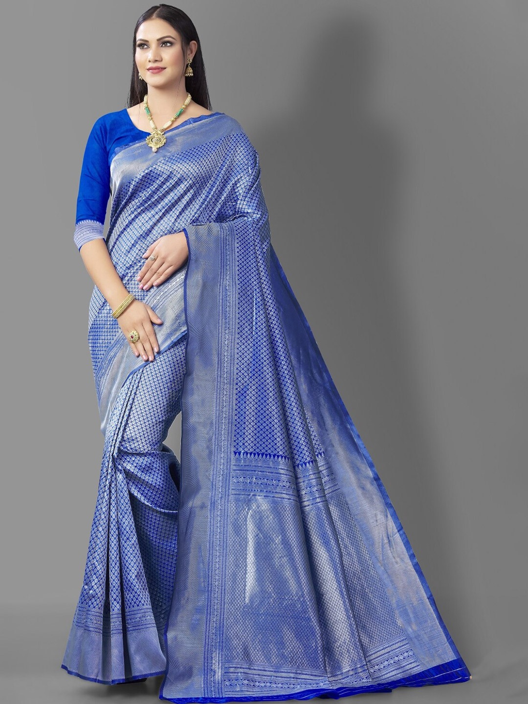 

Glorisa Geometric Woven Design Zari Silk Banarasi Saree, Blue