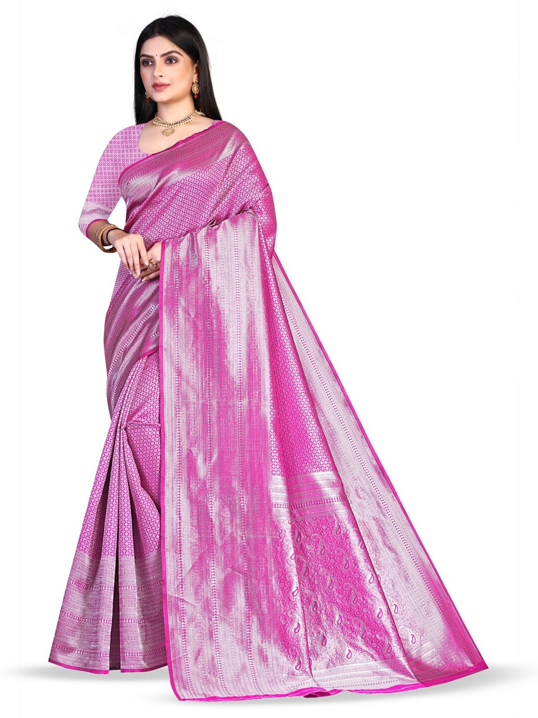 

Glorisa Geometric Woven Design Zari Silk Banarasi Saree, Pink