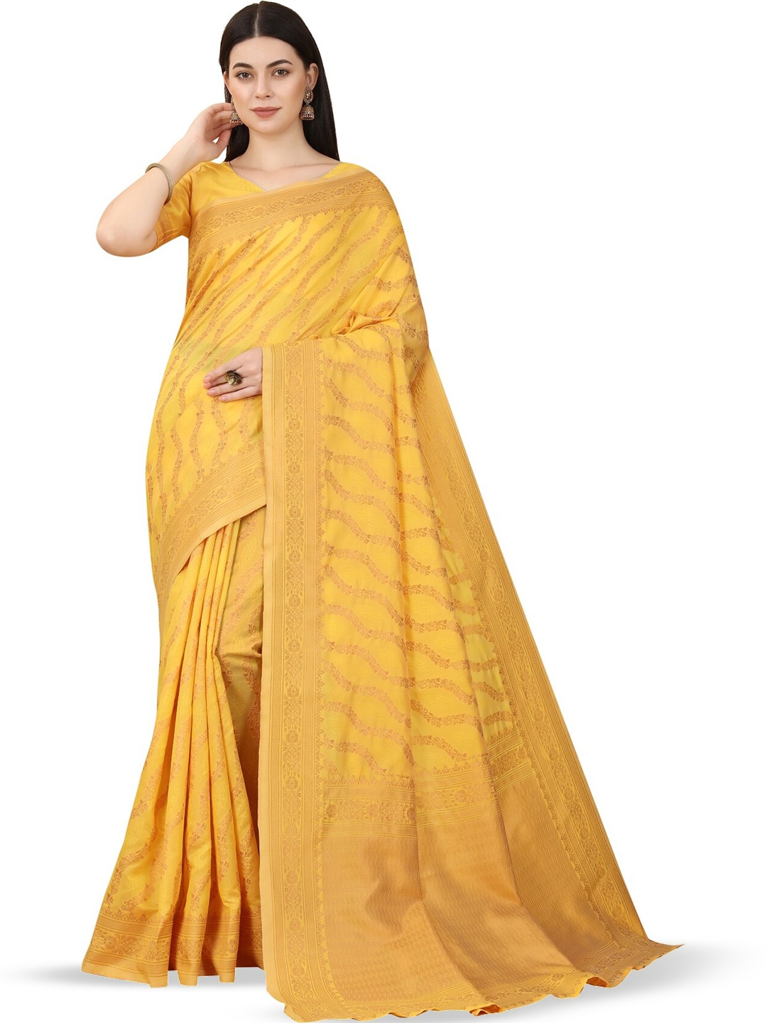 

Glorisa Floral Woven Design Zari Silk Banarasi Saree, Yellow