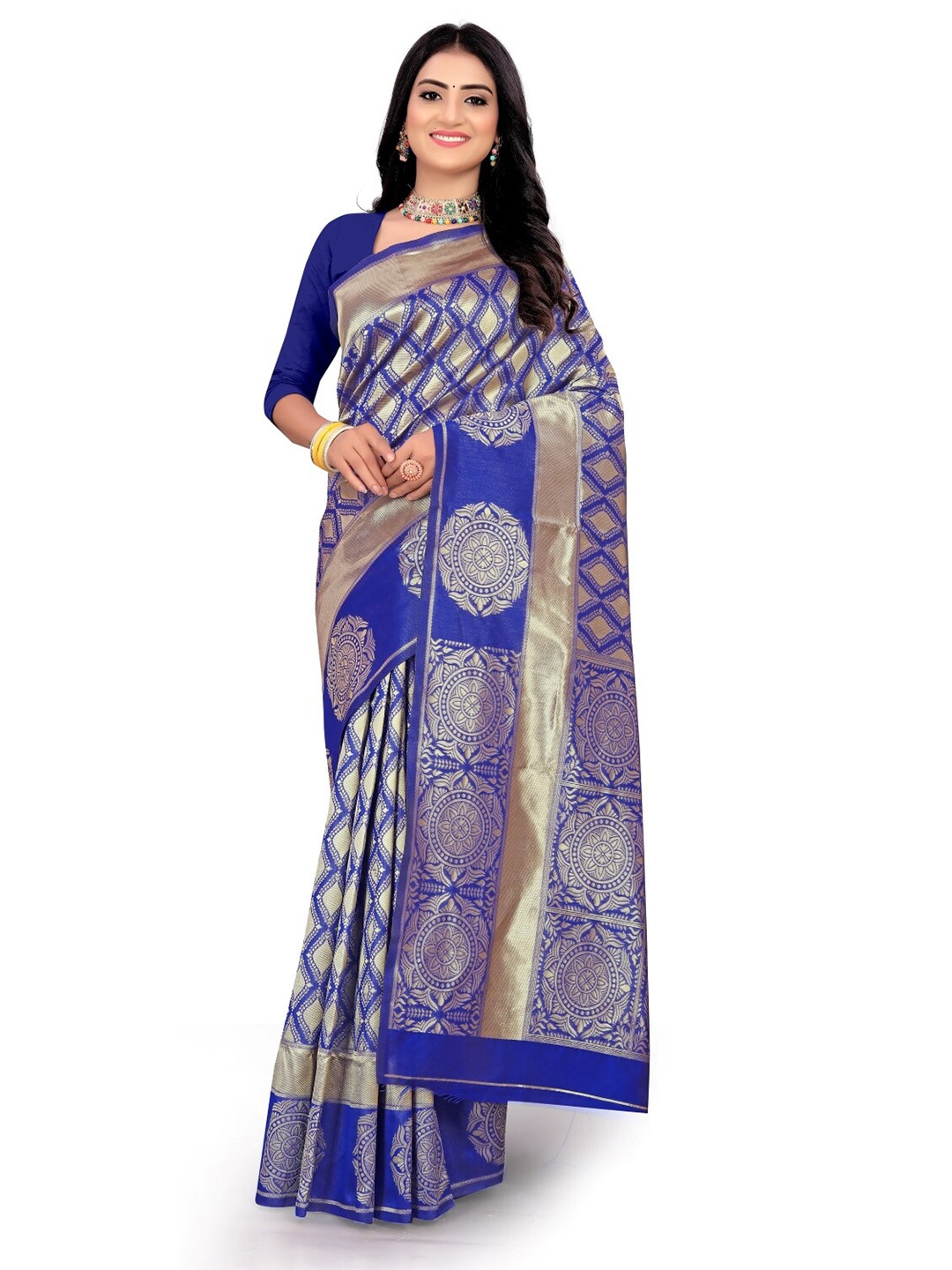 

Glorisa Geometric Woven Design Zari Silk Banarasi Saree, Blue