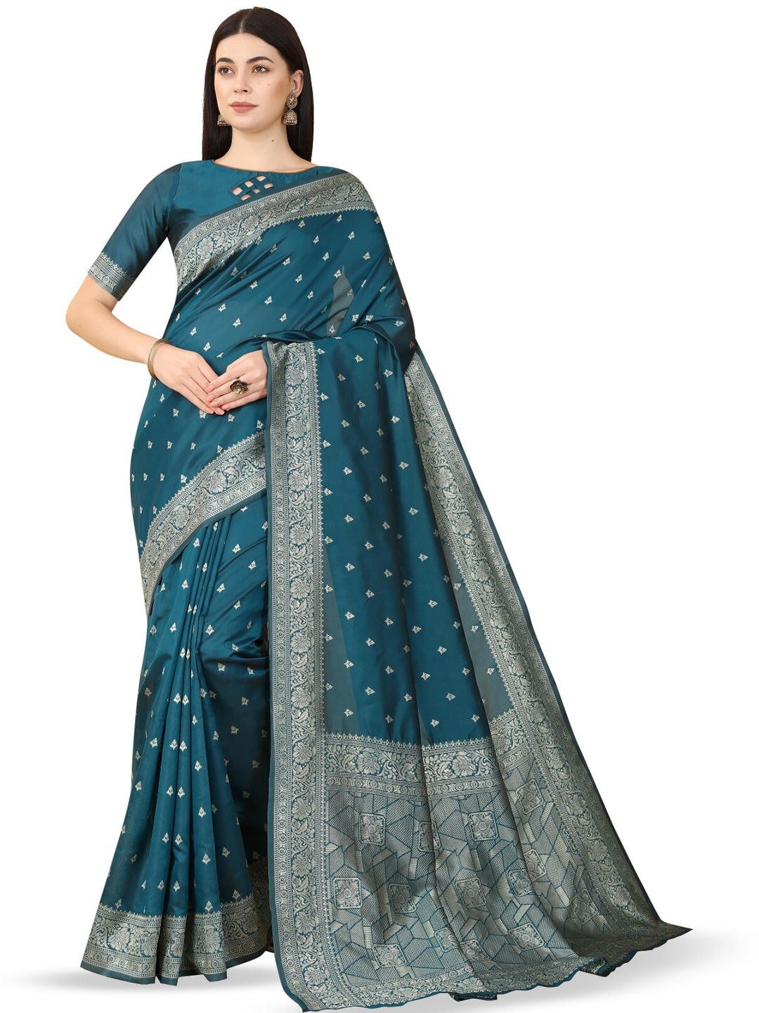 

Glorisa Floral Woven Design Zari Silk Banarasi Saree, Green