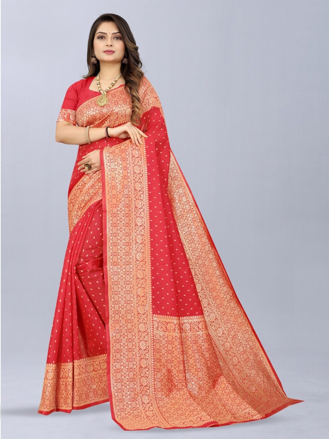 

Glorisa Floral Woven Design Zari Silk Banarasi Saree, Red