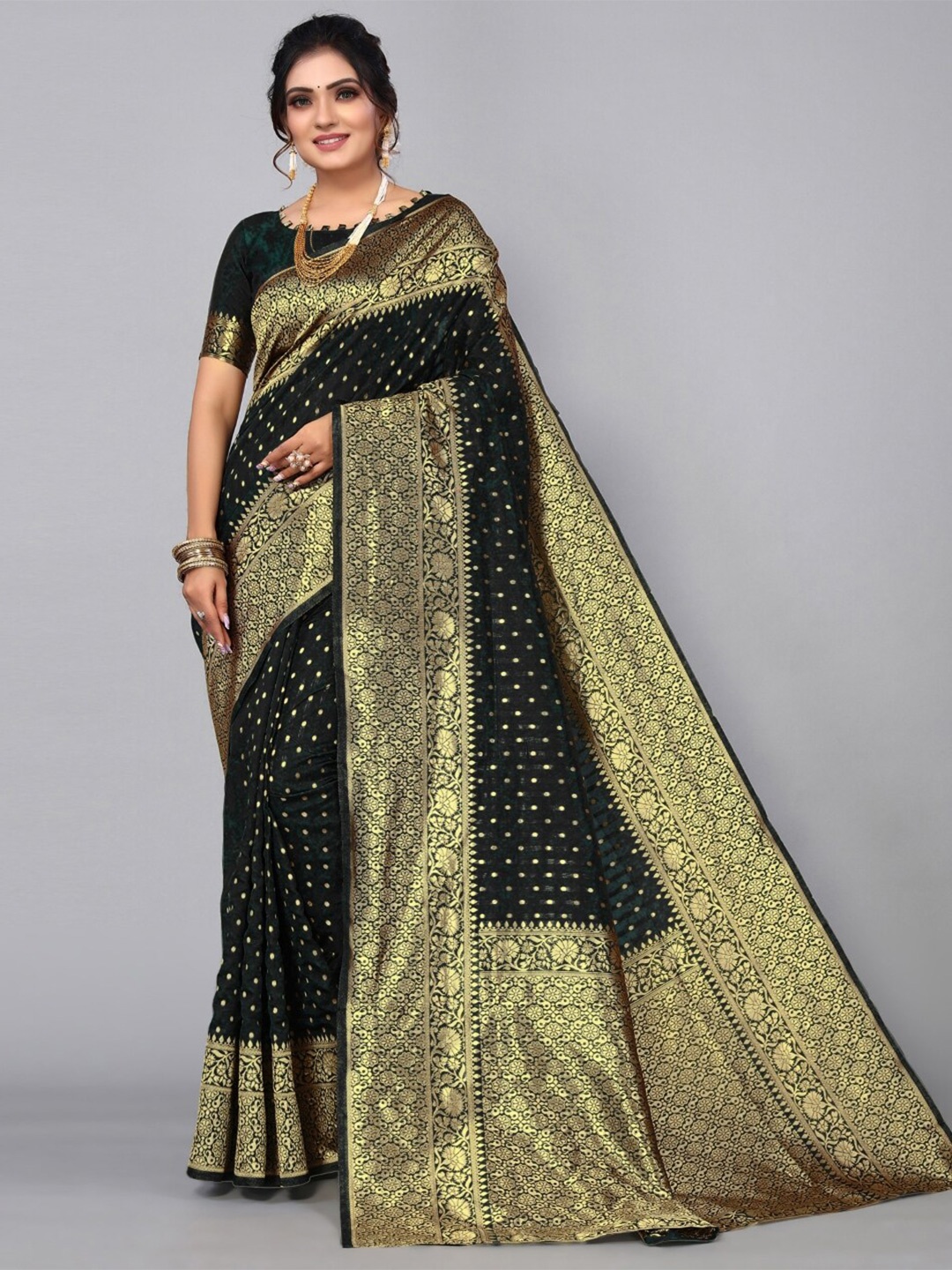 

Glorisa Polka Dots Woven Design Zari Silk Banarasi Saree, Black