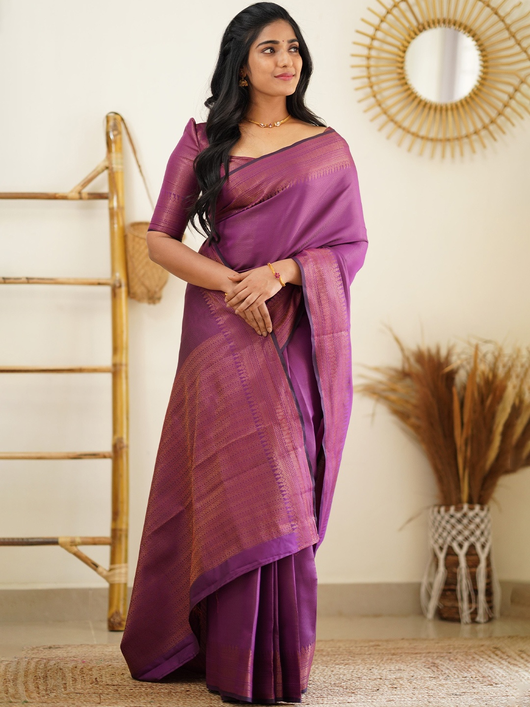 

Glorisa Striped Woven Design Zari Silk Banarasi Saree, Purple