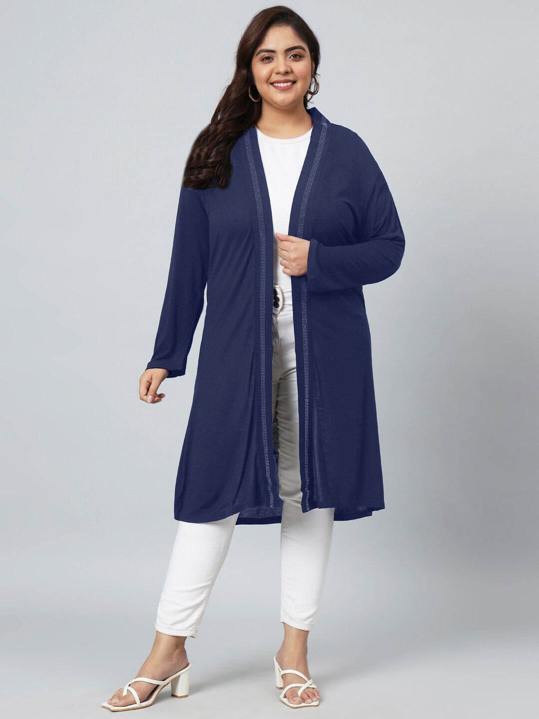 

urSense Plus Size Open Front Pure Cotton Longline Shrug, Blue