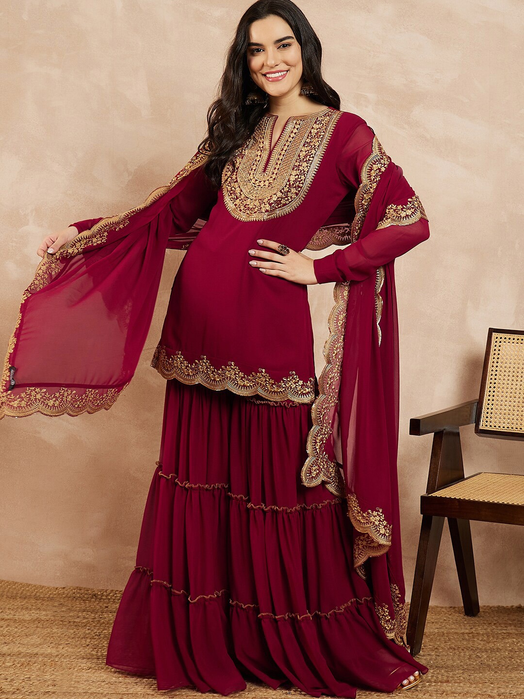 

Inddus Marron & Gold Toned Yoke Design Embroidered Straight Kurta With Sharara & Dupatta, Maroon