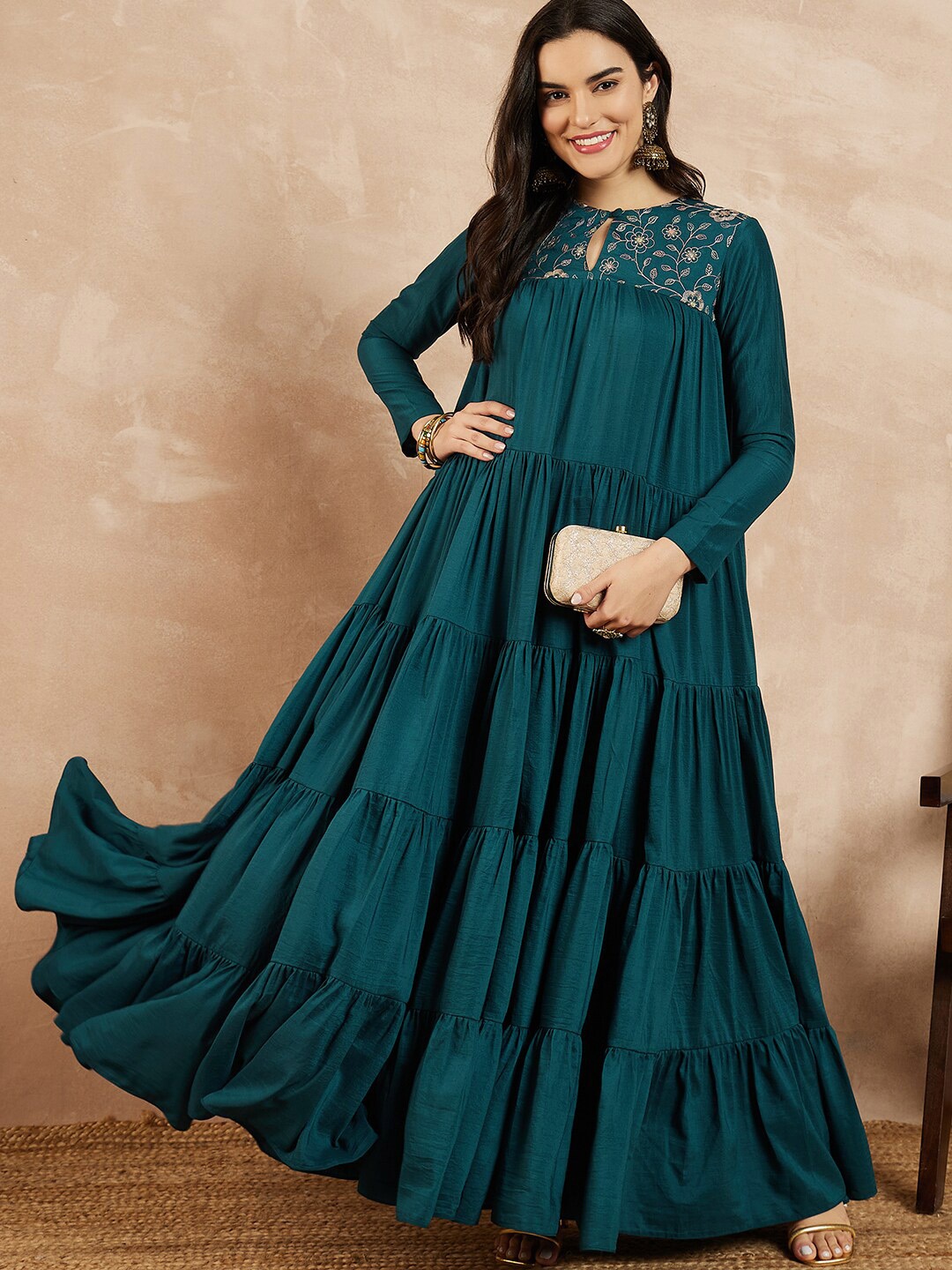 

Inddus Keyhole Neck Long Sleeves Embroidered Tiered A-Line Ethnic Dress, Teal