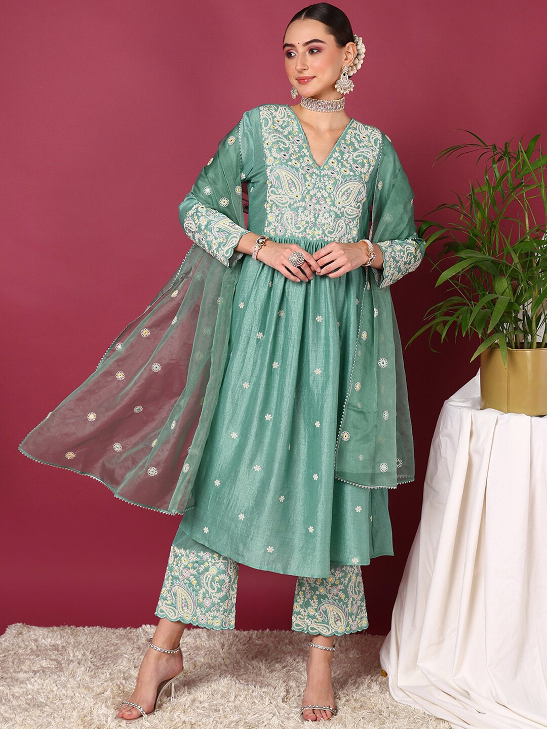 

AHIKA Ethnic Motifs Embroidered Empire Thread Work Anarkali Kurta with Palazzos & Dupatta, Sea green