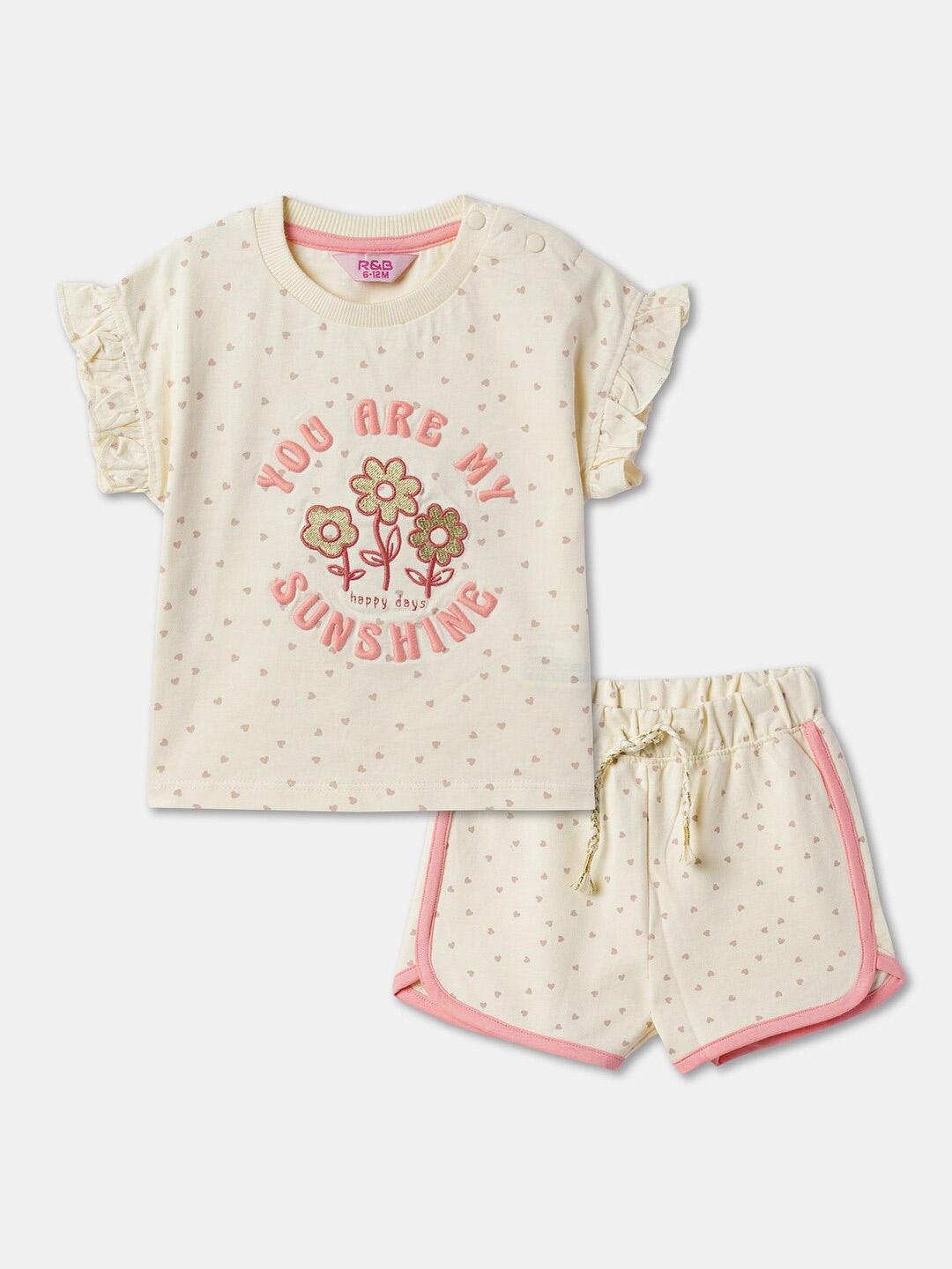 

R&B Girls Printed Pure Cotton Top with Shorts, Beige