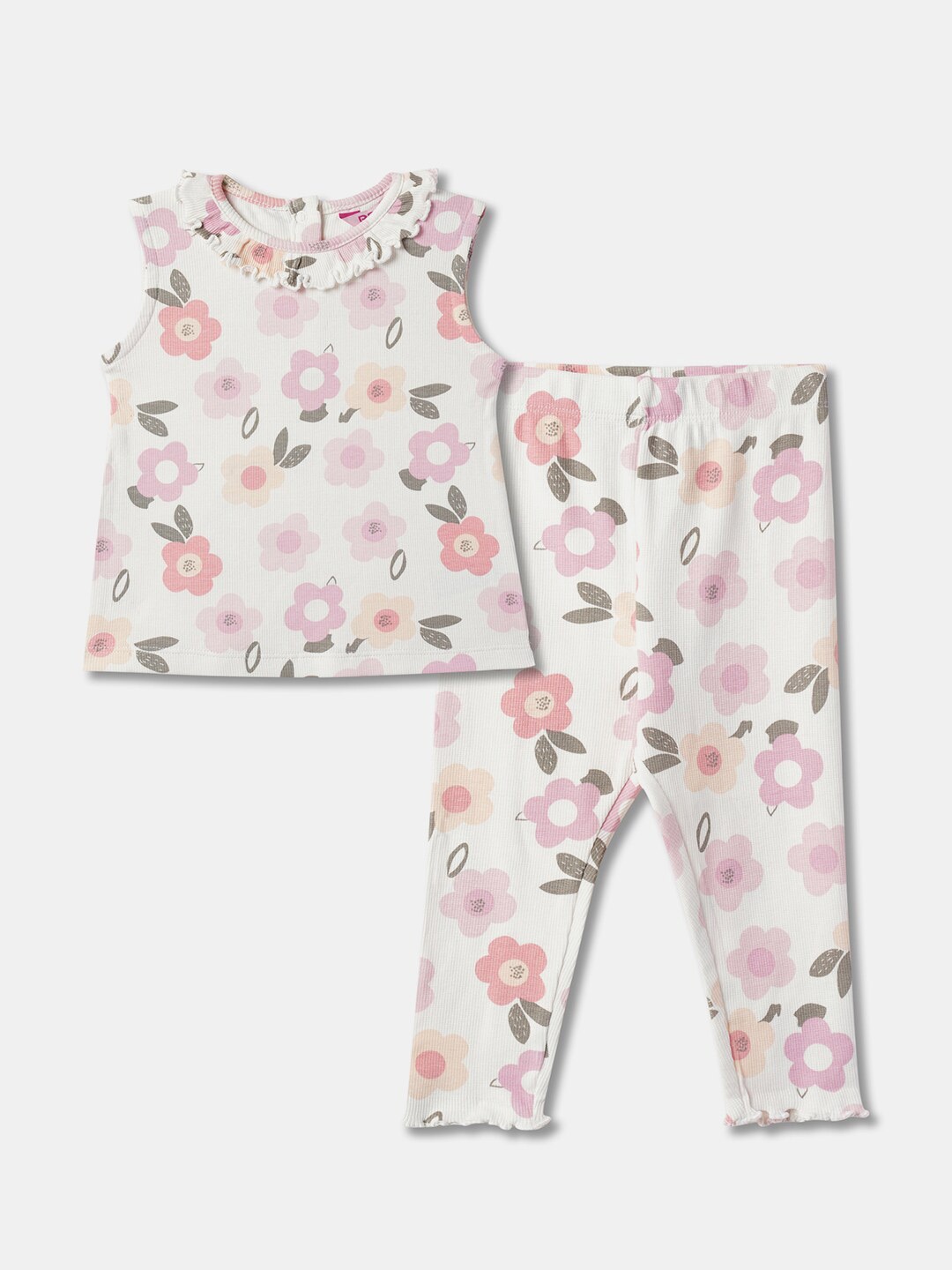 

R&B Girls Floral Printed Top with Trousers, White
