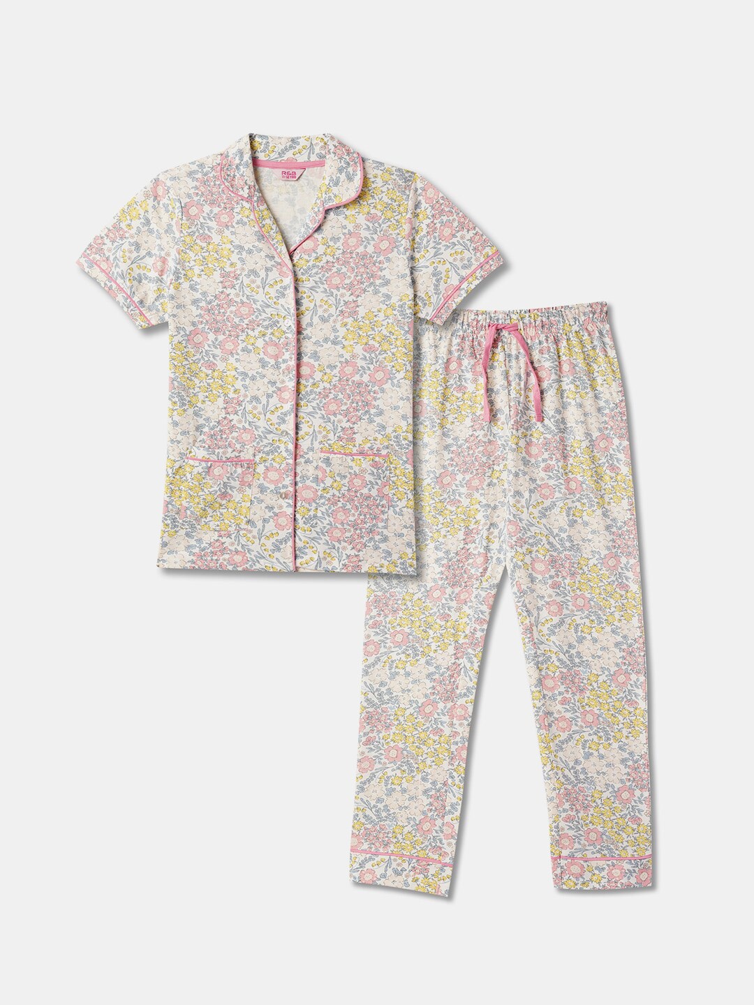 

R&B Girls Floral Printed Lapel Collar Pure Cotton Night Suits, White
