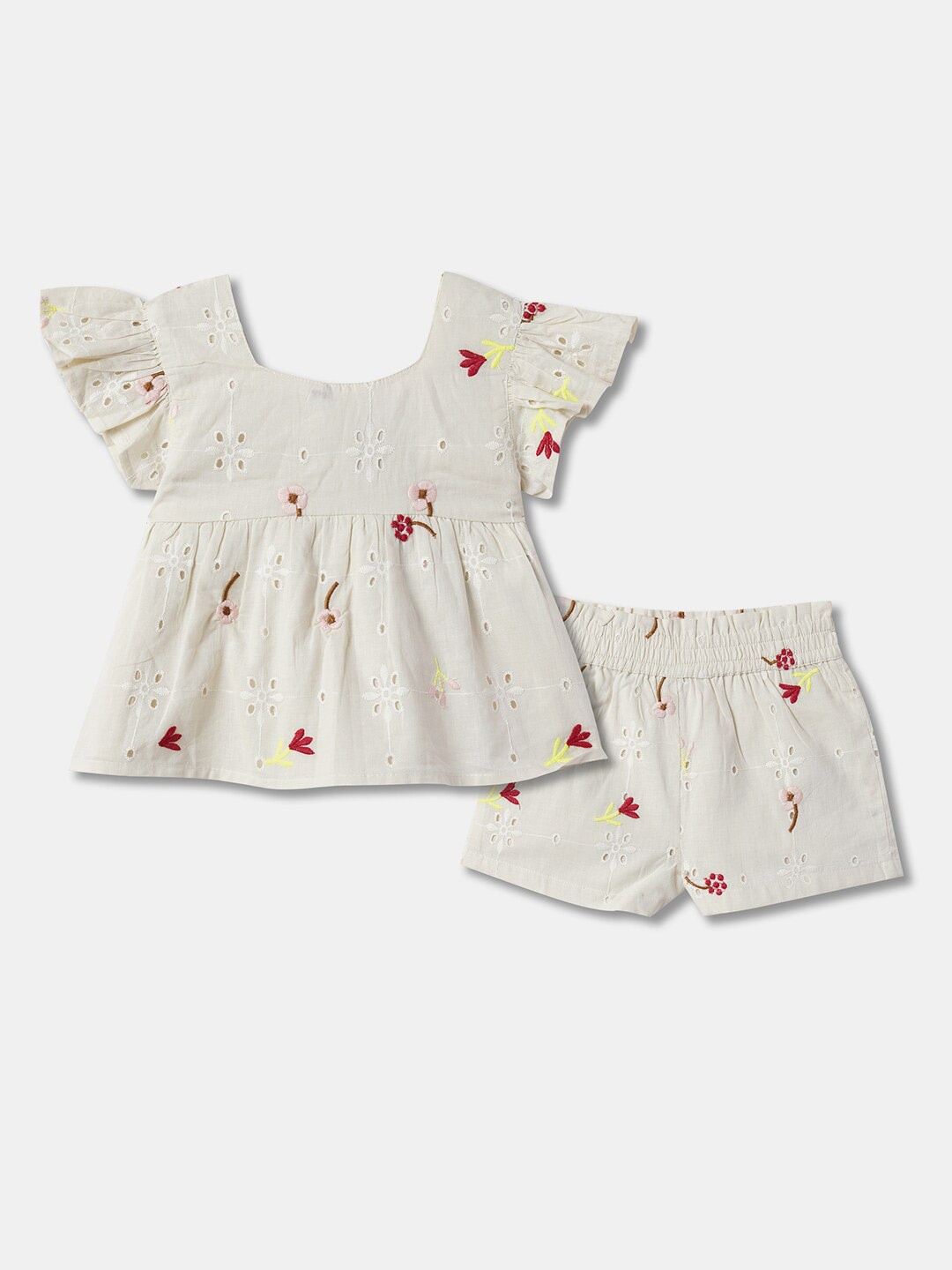 

R&B Girls Self Design Top with Shorts, White