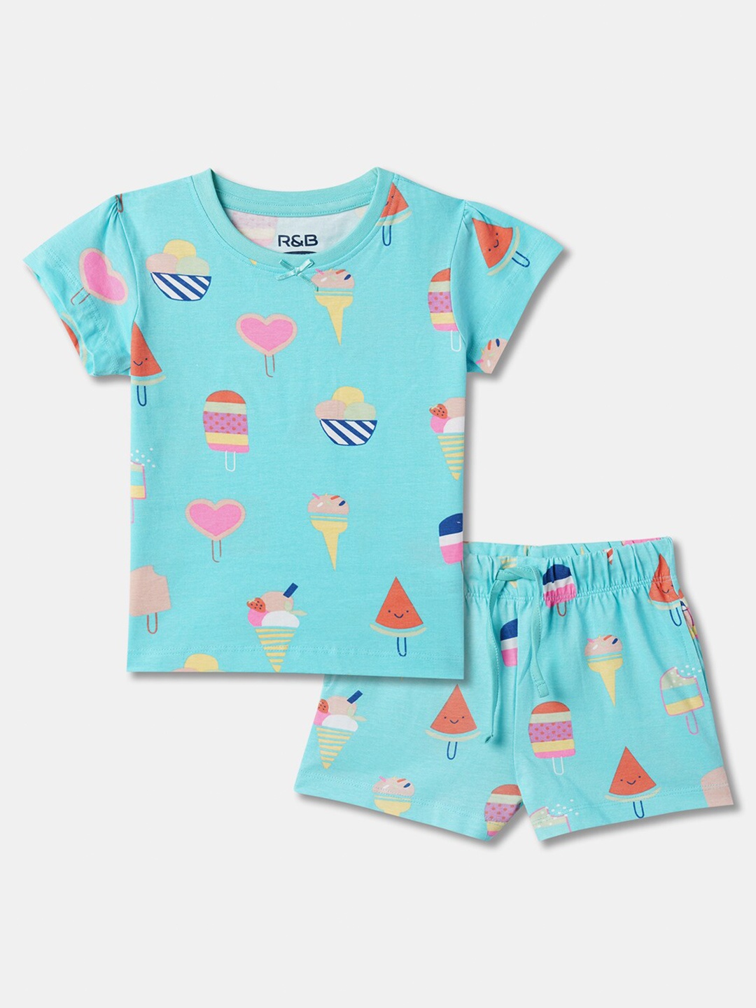 

R&B Girls Conversational Printed Pure Cotton T-shirt with Shorts, Blue
