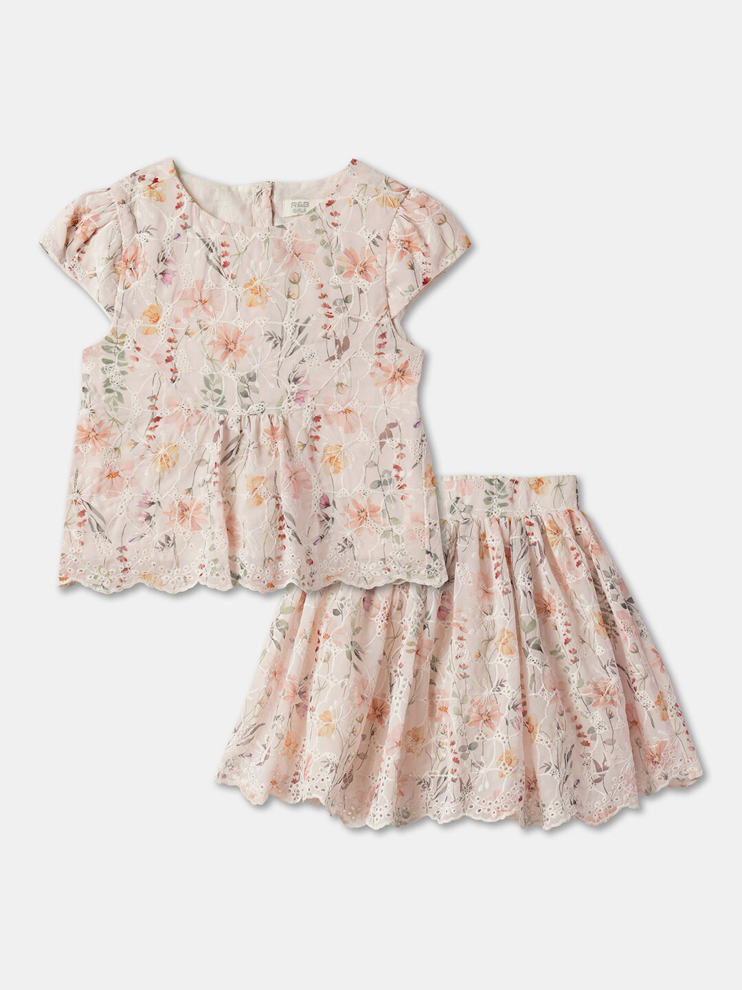 

R&B Girls Floral Printed Top with Skirt, Beige