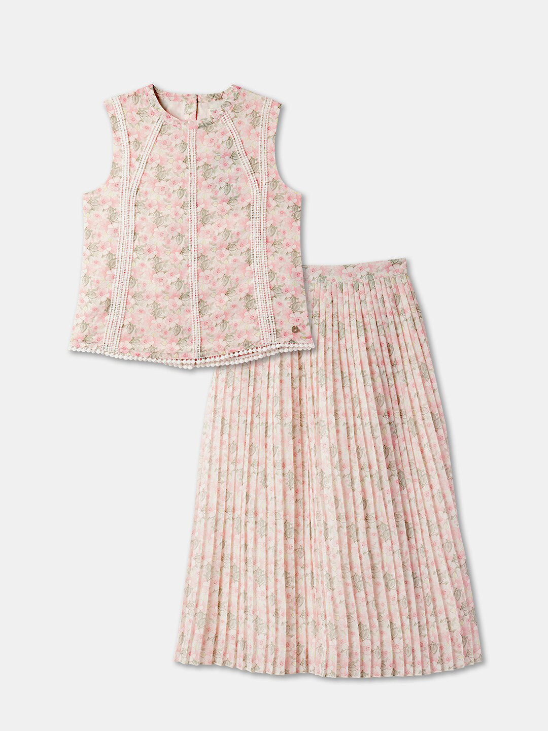 

R&B Girls Floral Printed Top with Skirt, Off white