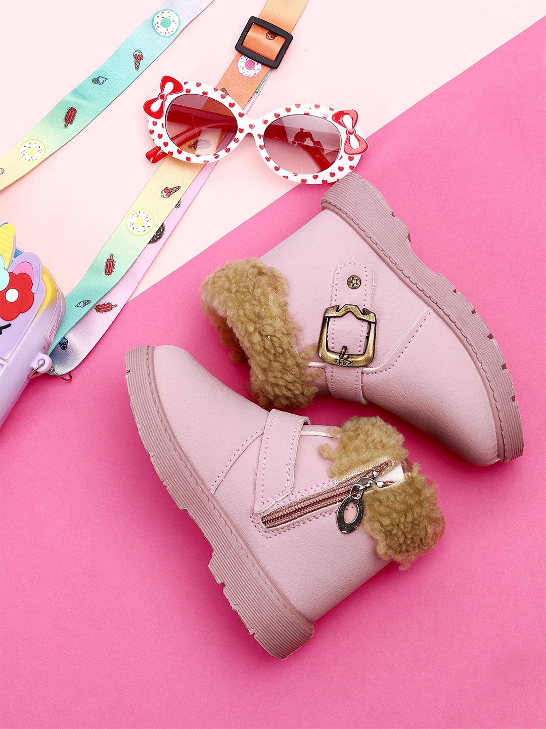 

KATS Girls Round Toe Faux Fur Trim Winter Boots, Pink