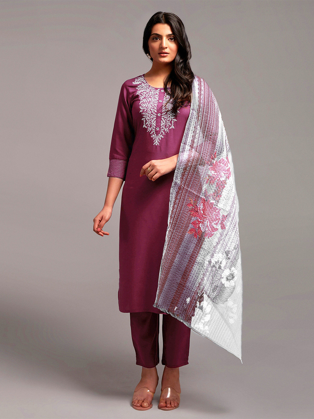 

Happy Design Floral Yoke Design Round Neck Straight Kurta & Trousers With Dupatta, Purple