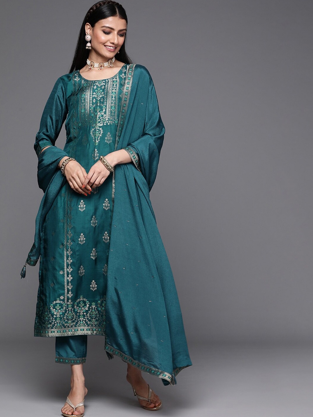 

Happy Design Ethnic Motifs Printed Straight Kurta & Trousers With Dupatta, Teal