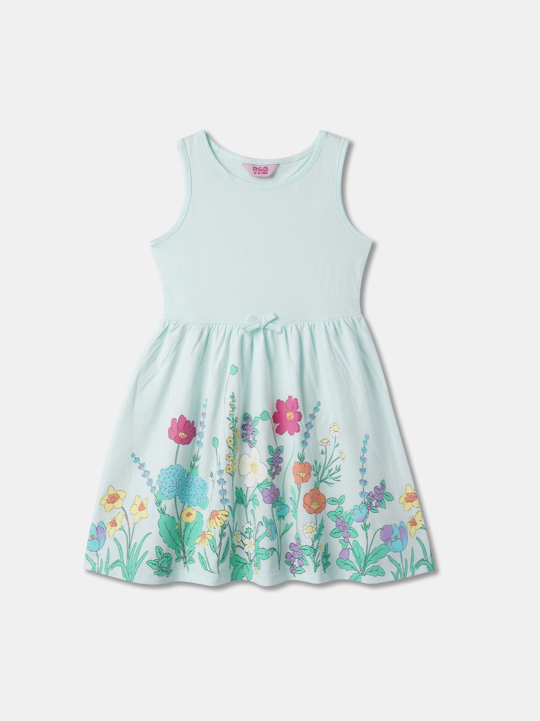 

R&B Girls Floral Printed Cotton A-Line Dress, Blue