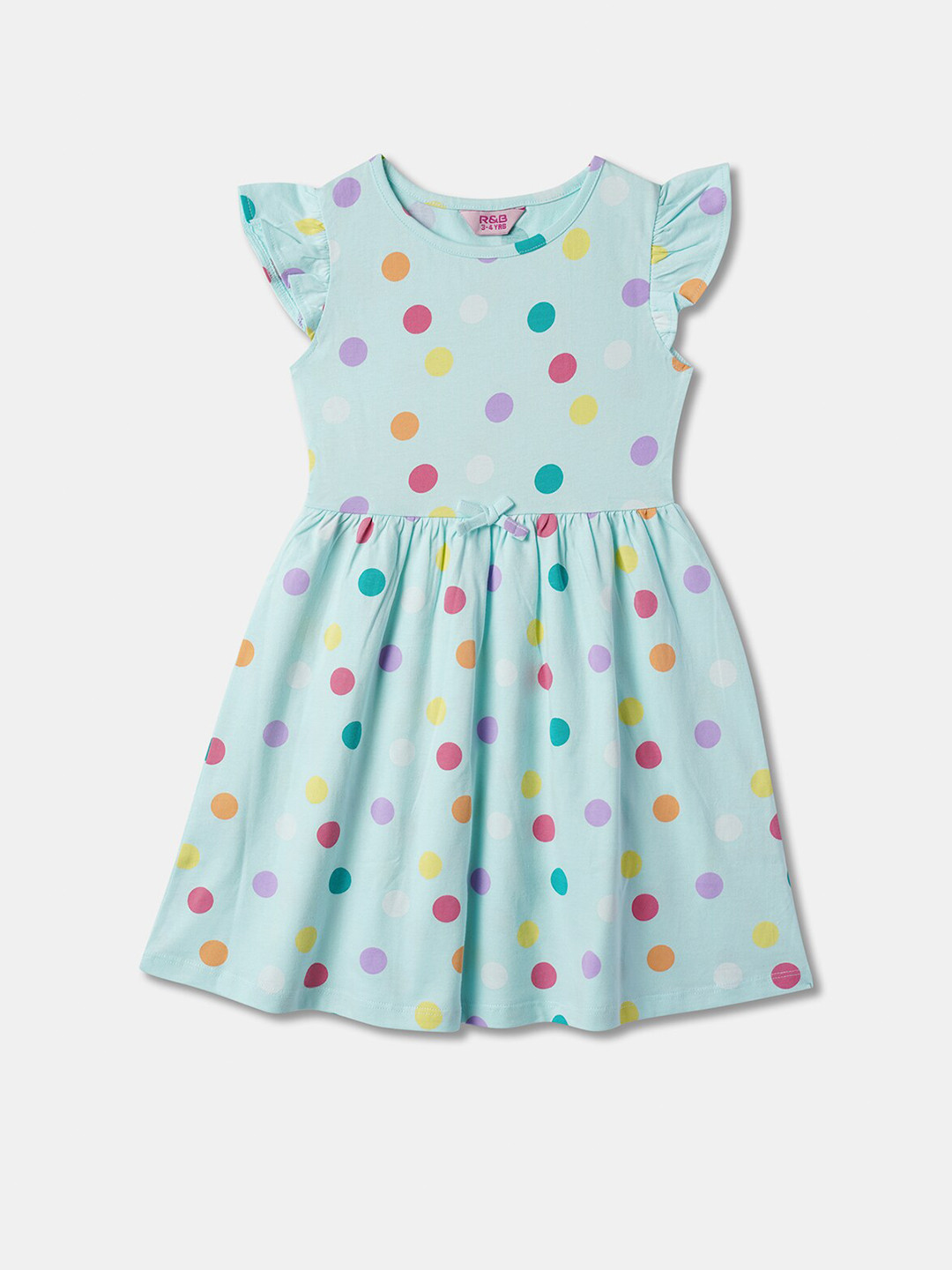 

R&B Girls Polka Dot Printed Flutter Sleeve Cotton Fit & Flare Dress, Blue