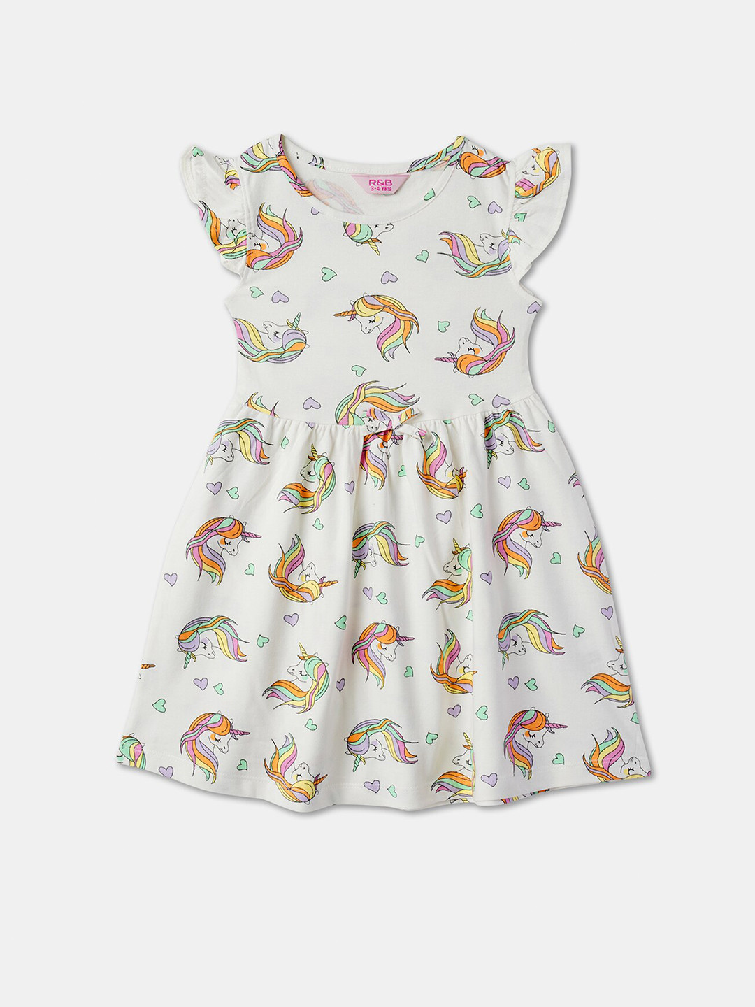 

R&B Girls Conversational Printed Flutter Sleeve Cotton Fit & Flare Dress, Off white