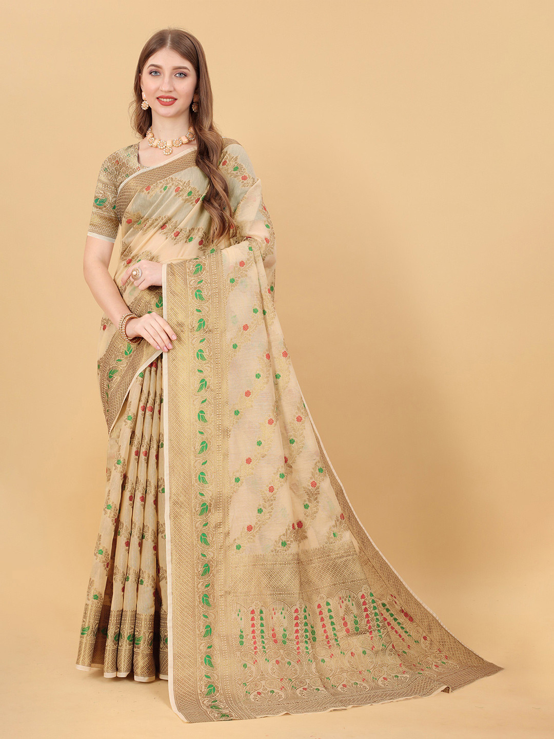 

bansari textiles Floral Woven Design Zari Silk Cotton Banarasi Saree, Cream