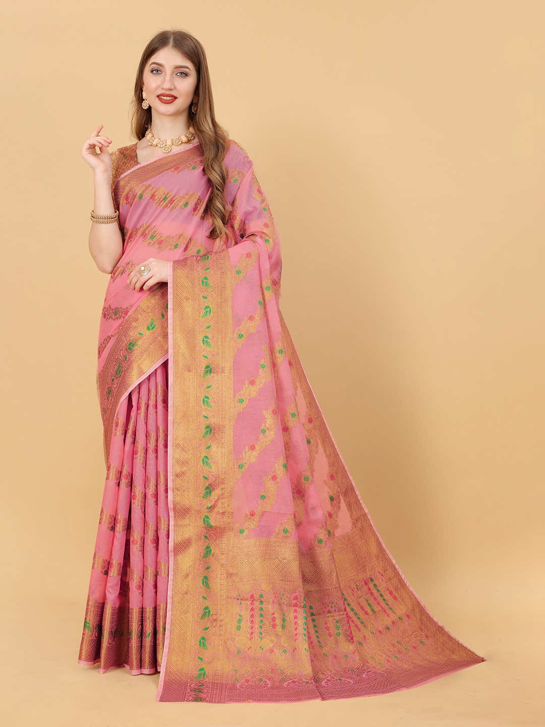 

bansari textiles Ethnic Motifs Woven Design Zari Silk Cotton Banarasi Saree, Pink