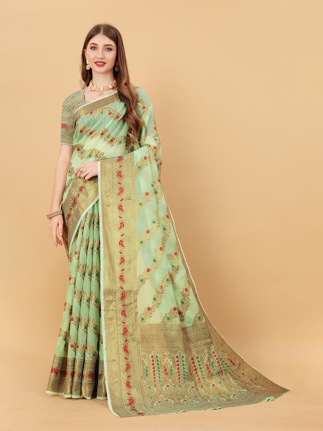 

bansari textiles Ethnic Motifs Woven Design Zari Silk Cotton Banarasi Saree, Lime green