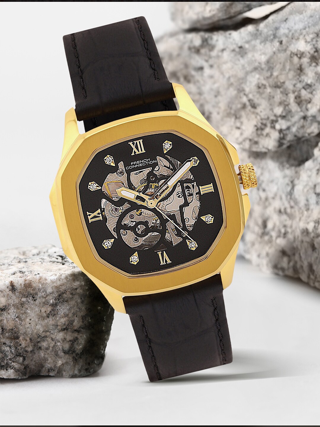 

French Connection Women Skeleton Dial & Leather Straps Analogue Watch FCA06-2, Black