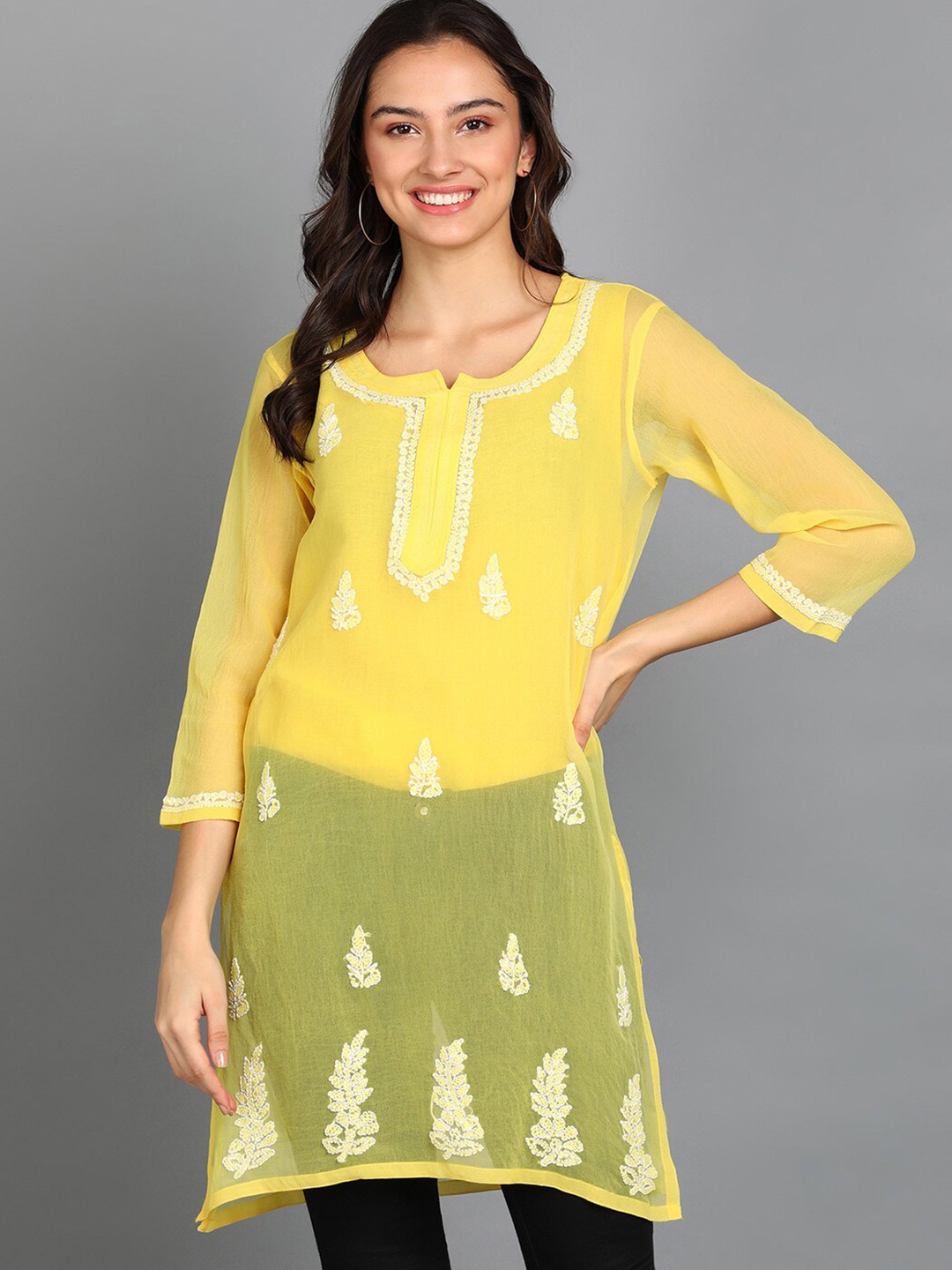 

VAHSON Ethnic Motifs Embroidered Chikankari Pure Georgette Chikankari Kurti, Yellow