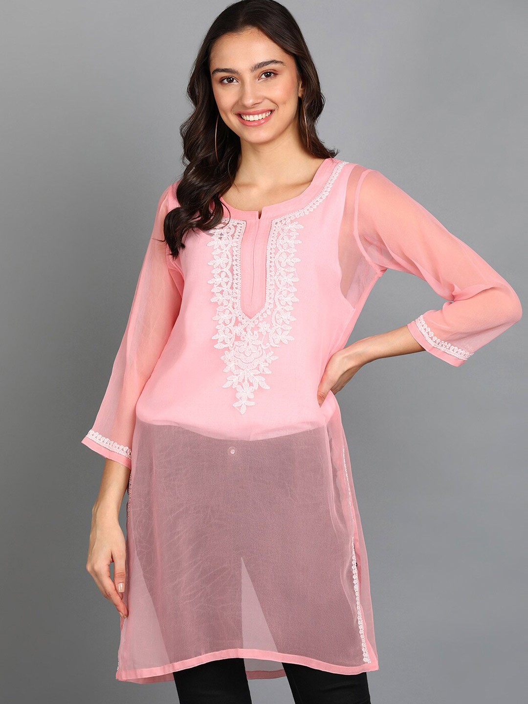 

VAHSON Ethnic Motifs Embroidered Chikankari Pure Georgette Chikankari Kurti, Pink
