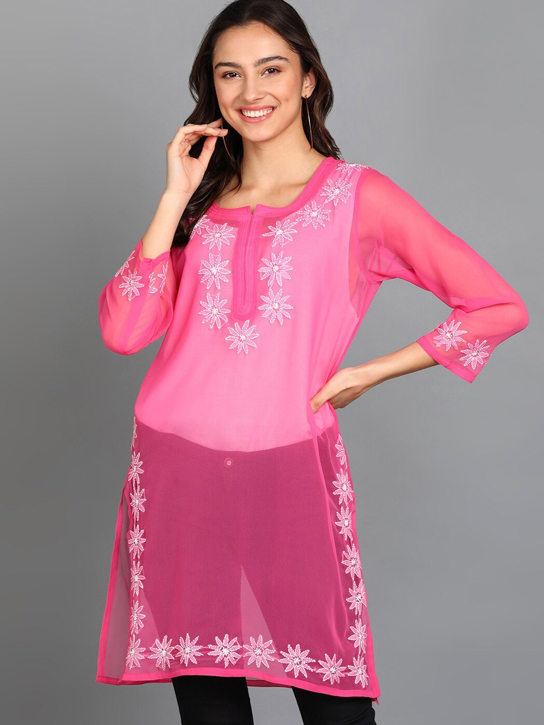 

VAHSON Floral Embroidered Chikankari Pure Georgette Chikankari Kurti, Magenta