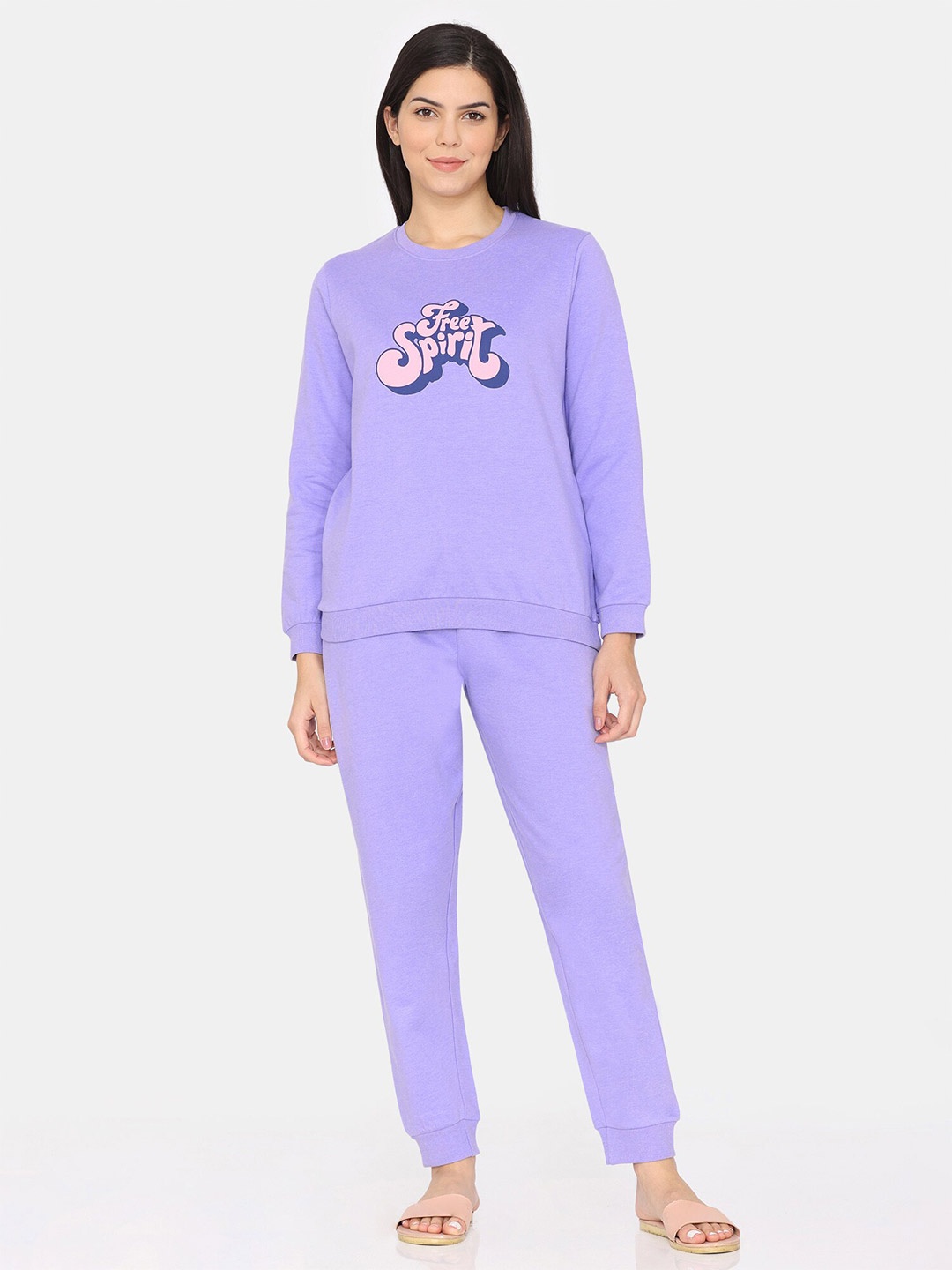 

Rosaline by Zivame Typography Printed T-shirt With Pyjamas, Purple