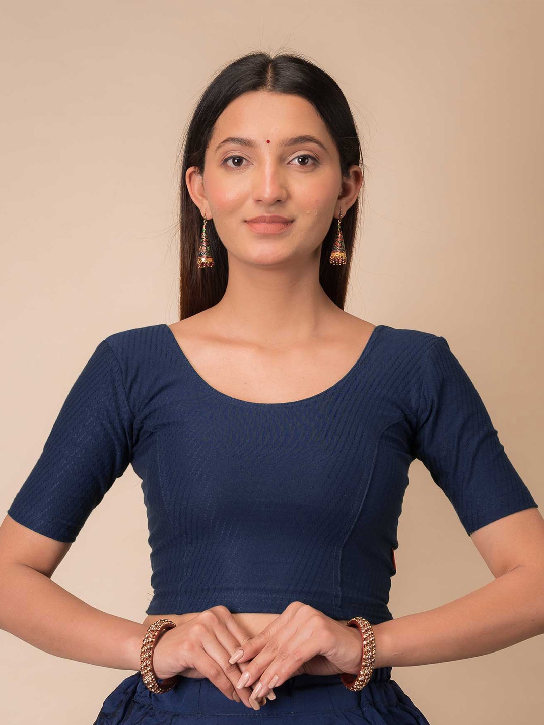 

Bindigasm's Advi Self-Design Cotton Stretchable Readymade Saree Blouse, Navy blue