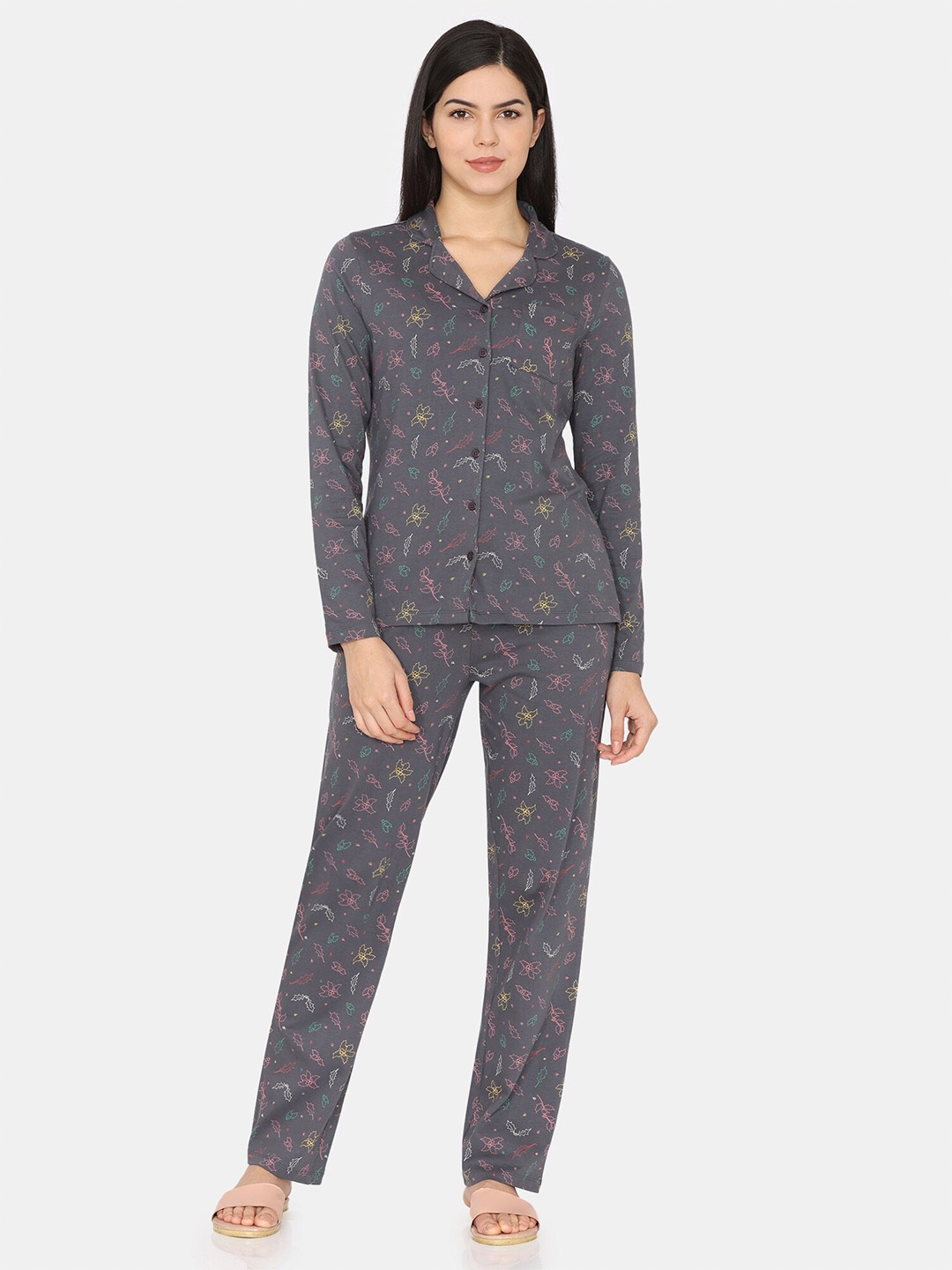 

Zivame Pure Cotton Printed Night Suit, Grey