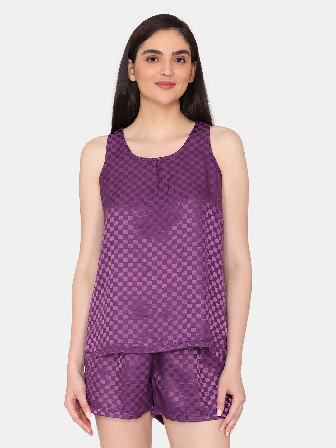 

Zivame Checked Shoulder Straps Top & Shorts, Purple