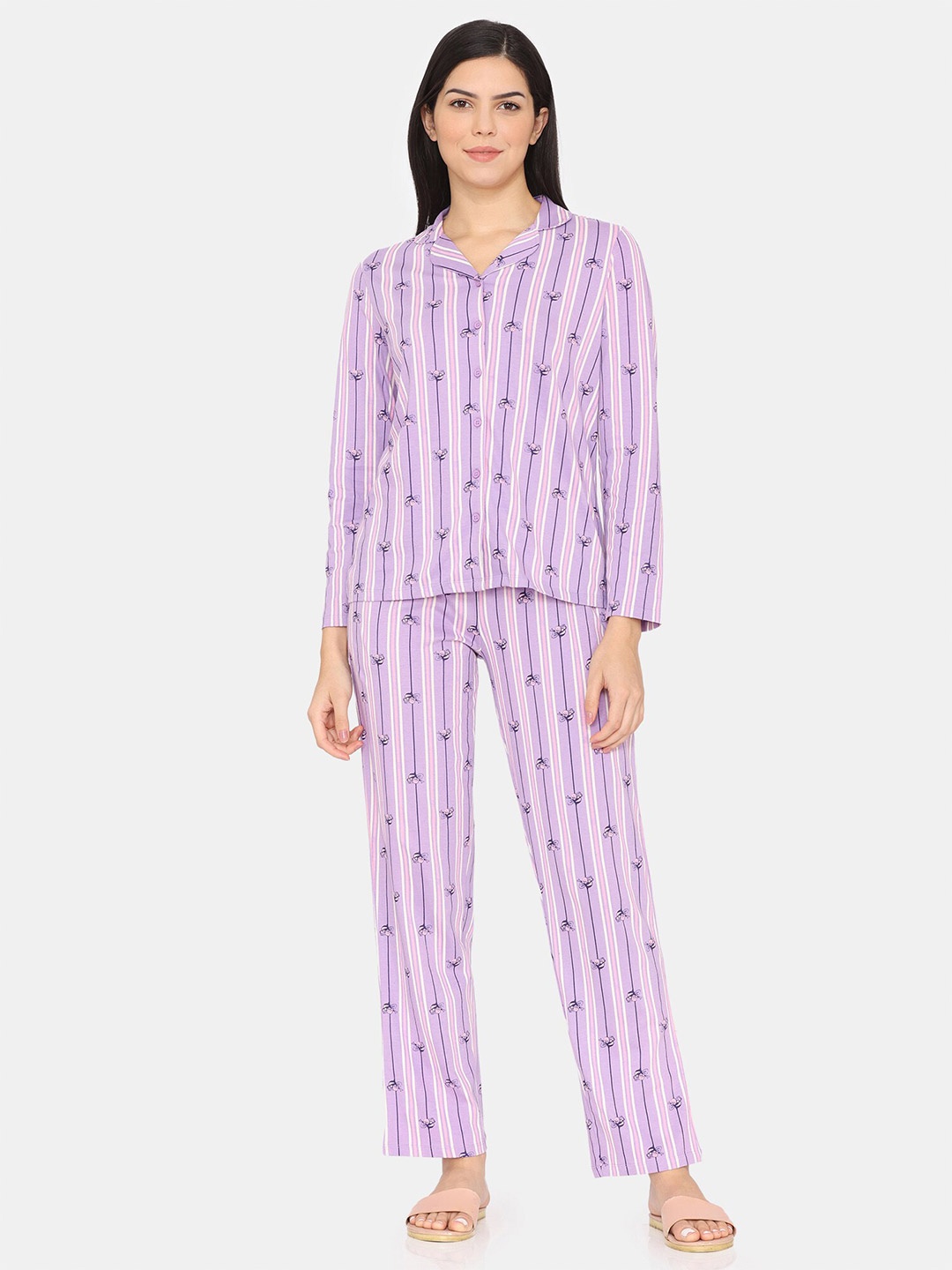 

Zivame Floral Printed Lapel Collar Pure Cotton Shirt & Pyjama, Purple