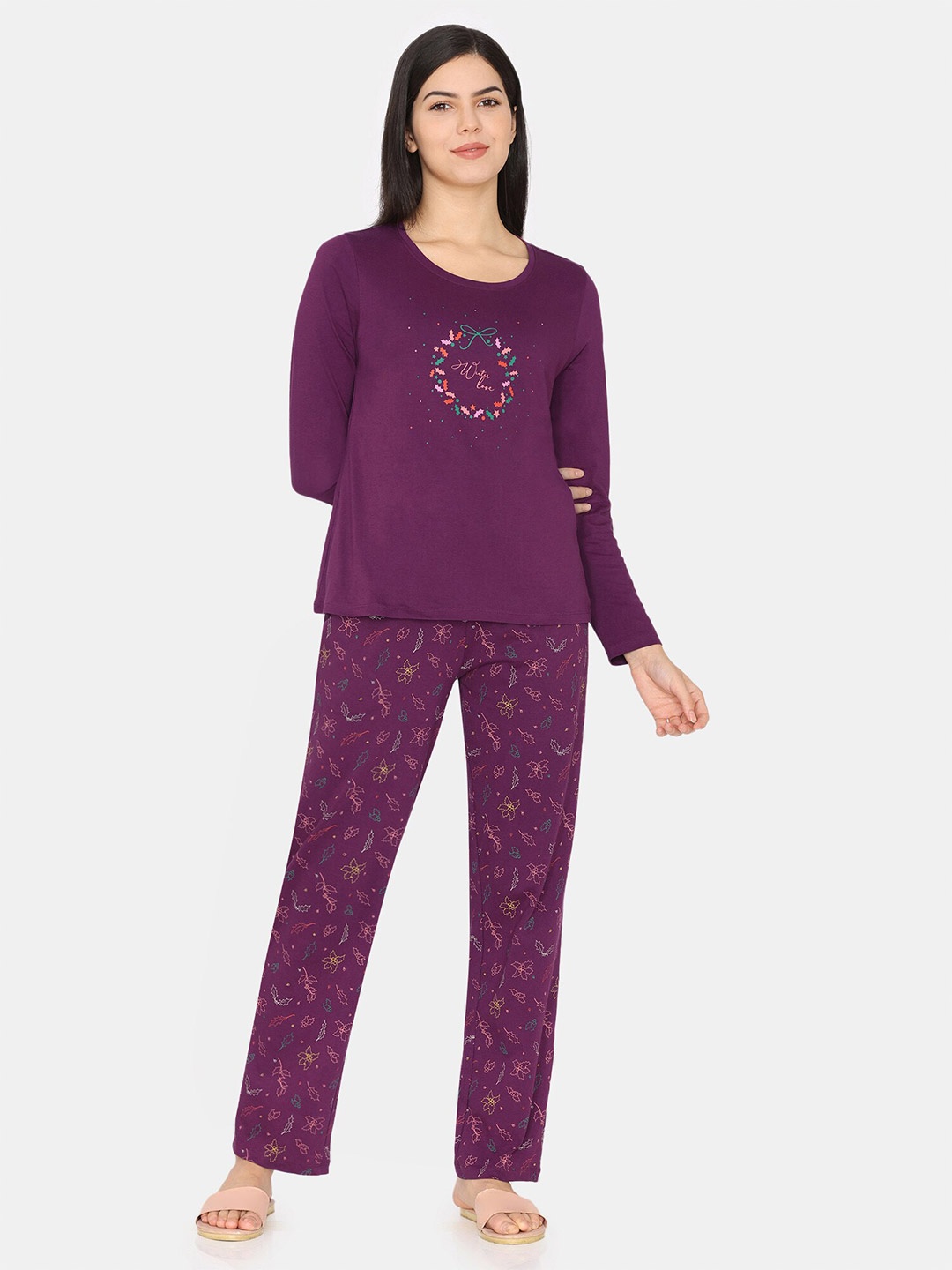 

Zivame Graphic Printed Pure Cotton Night suit, Purple
