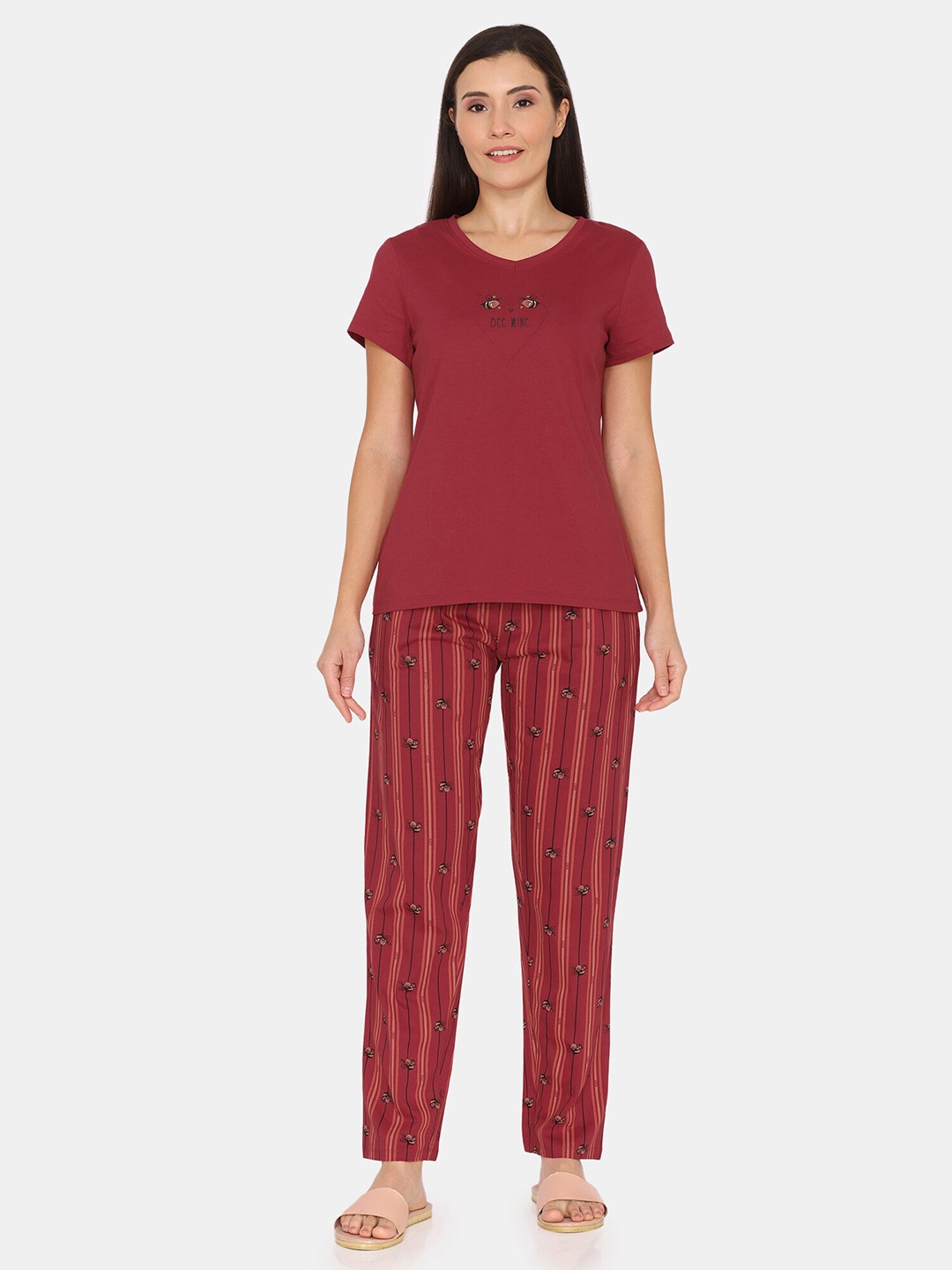 

Zivame Conversational Printed Pure Cotton Night suit, Red