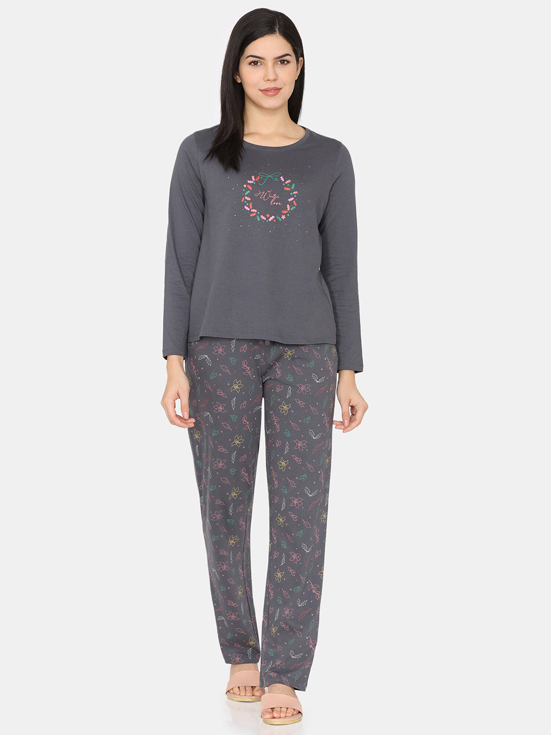 

Zivame Graphic Printed Pure Cotton Night suit, Grey