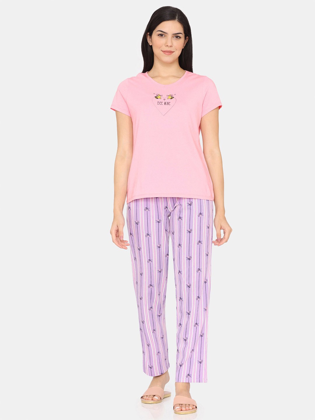 

Zivame Conversational Printed Pure Cotton Night suit, Pink
