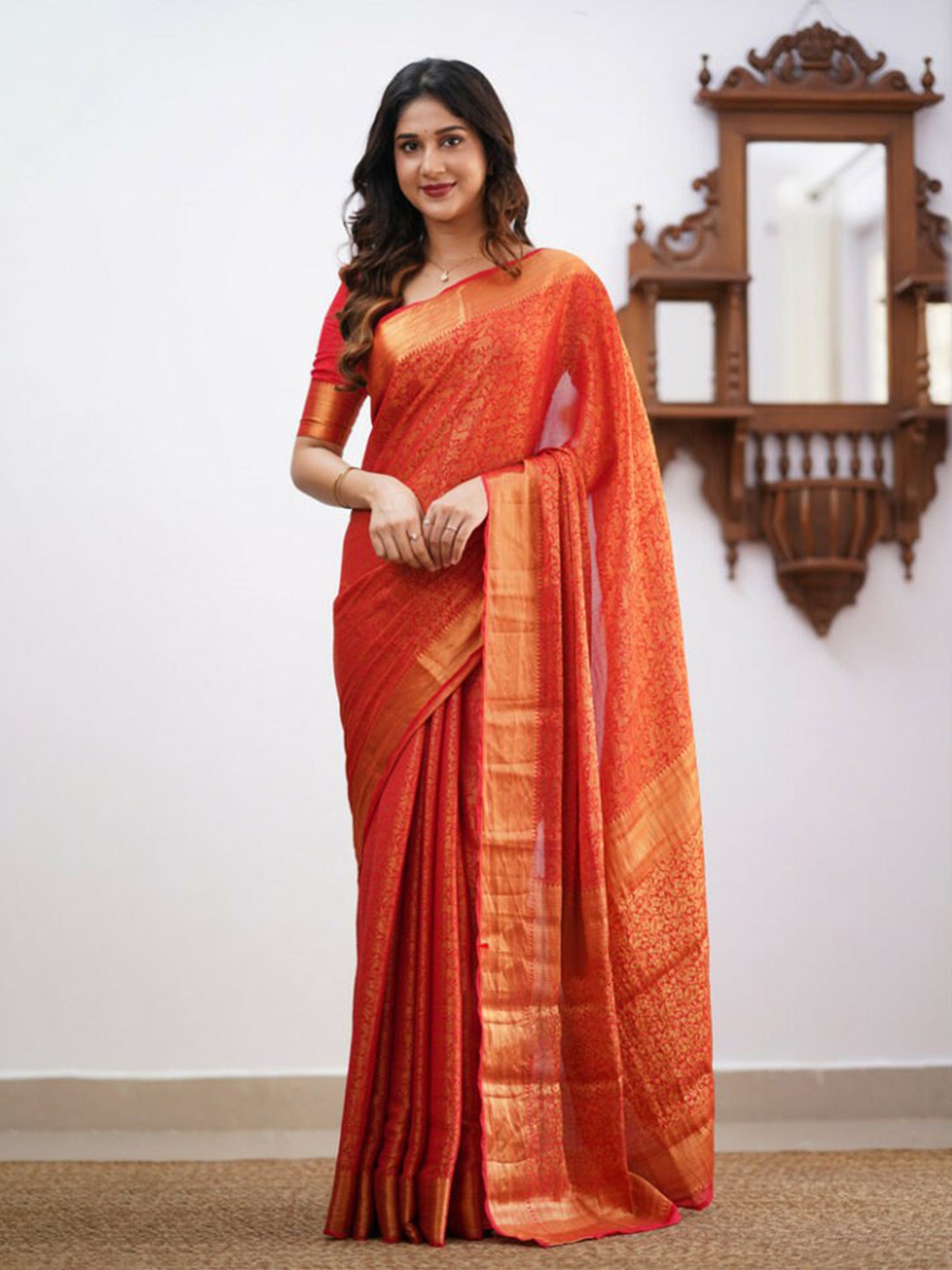 

Visit Wear Woven Design Ethnic Motifs Zari Banarasi Saree, Orange