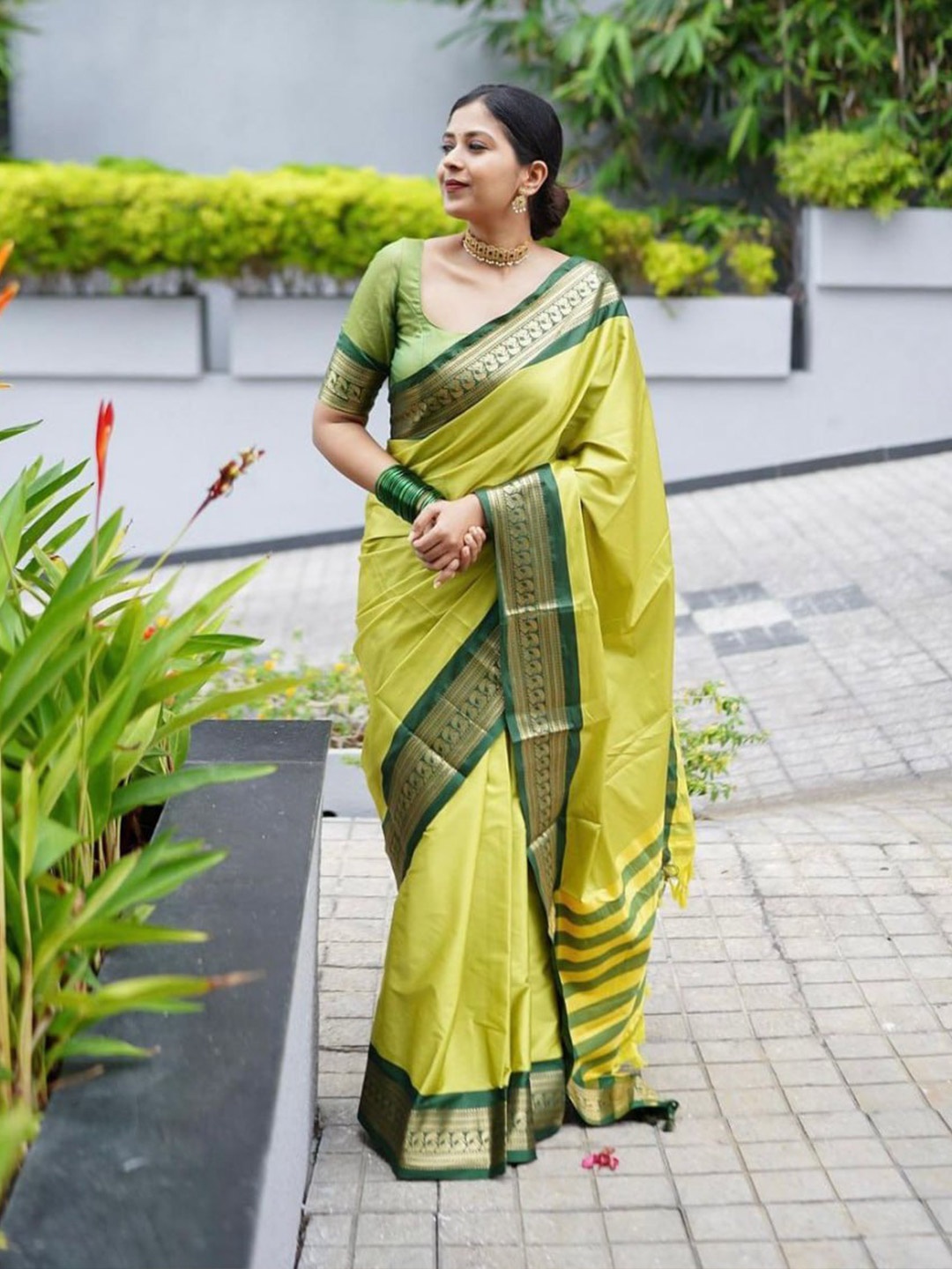 

Visit Wear Woven Design Ethnic Motifs Zari Banarasi Saree, Lime green