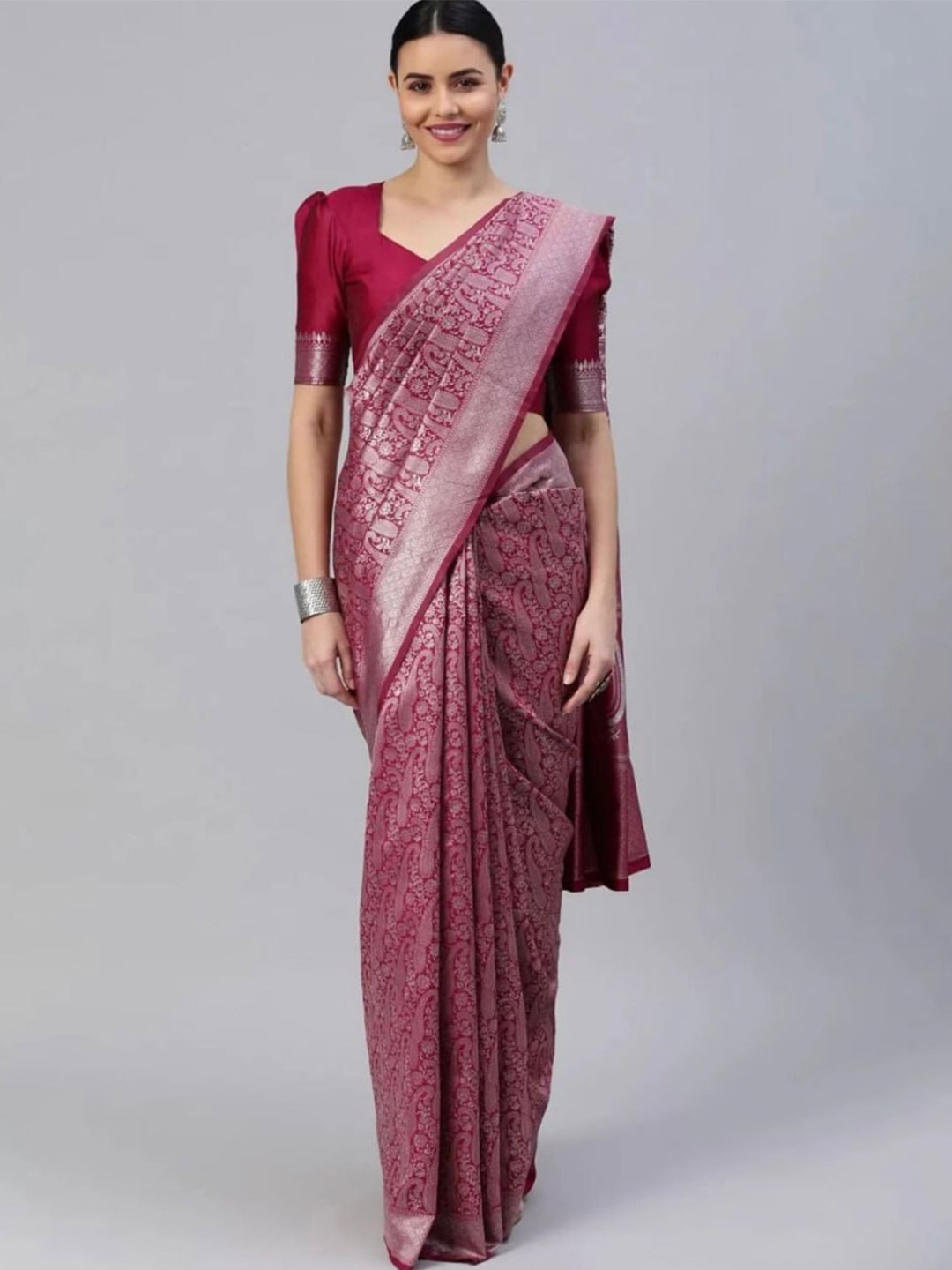 

Visit Wear Woven Design Ethnic Motifs Zari Kanjeevaram Saree, Pink